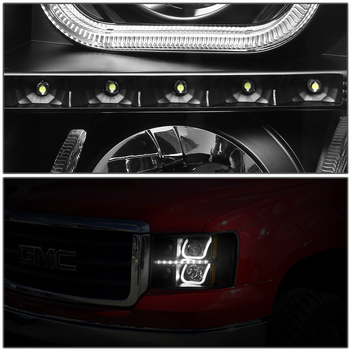 FAROS 07-13 GMC SIERRA 1500, 2500HD, 3500HD 2/4-DOOR - LED - U-BAR HALO PROJECTOR - BLACK HOUSING / AMBER CORNER - H11 LOW BEAM / 9005 HIGH BEAM