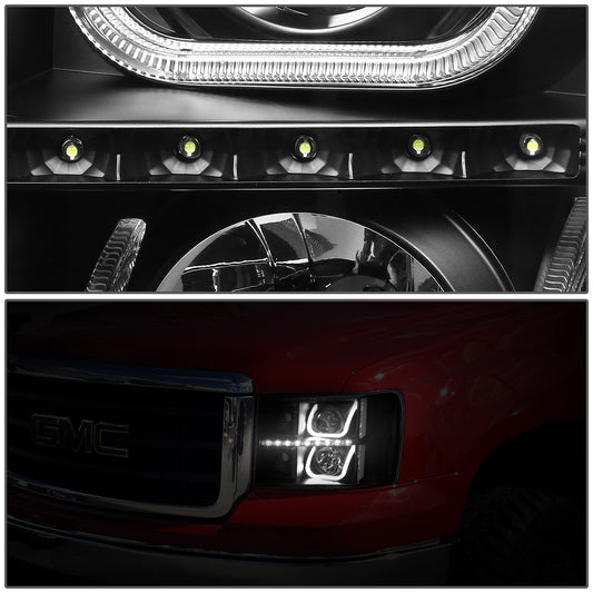 FAROS 07-13 GMC SIERRA 1500, 2500HD, 3500HD 2/4-DOOR - LED - U-BAR HALO PROJECTOR - BLACK HOUSING / CLEAR CORNER - H11 LOW BEAM / 9005 HIGH BEAM