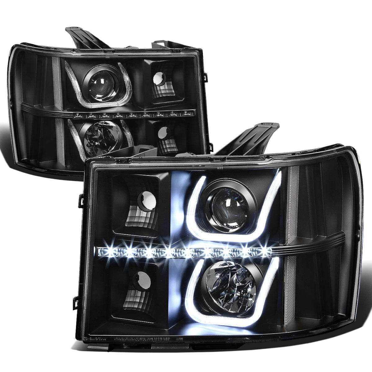 FAROS 07-13 GMC SIERRA 1500, 2500HD, 3500HD 2/4-DOOR - LED - U-BAR HALO PROJECTOR - BLACK HOUSING / CLEAR CORNER - H11 LOW BEAM / 9005 HIGH BEAM