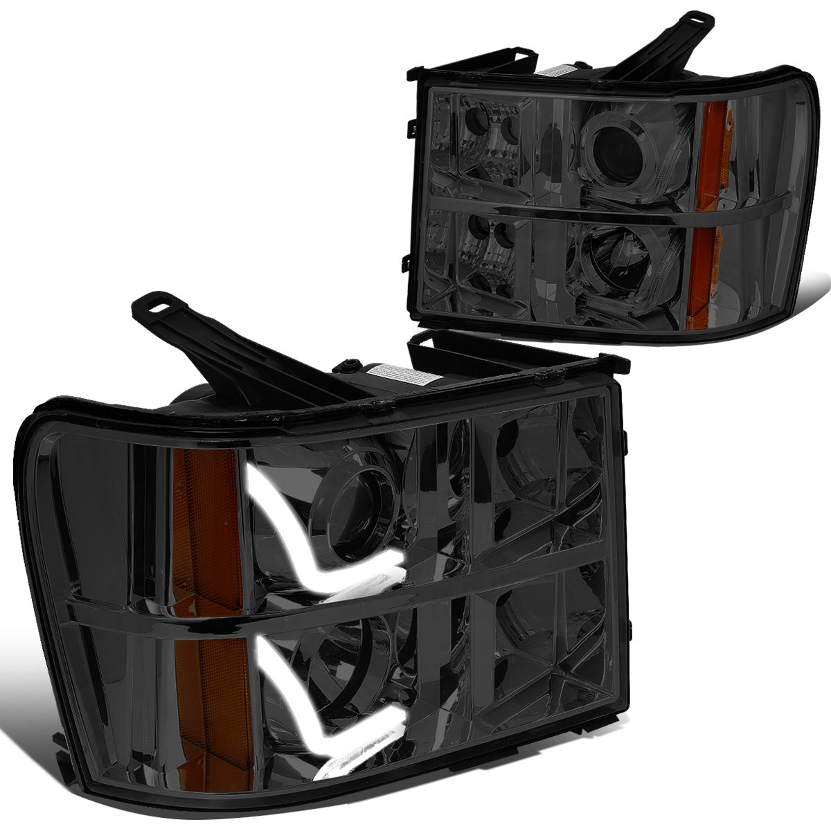 FAROS 07-13 GMC SIERRA 1500, 2500HD, 3500HD 2/4-DOOR - L-BAR HALO PROJECTOR - SMOKE HOUSING / AMBER CORNER - H11 LOW BEAM / 9005 HIGH BEAM