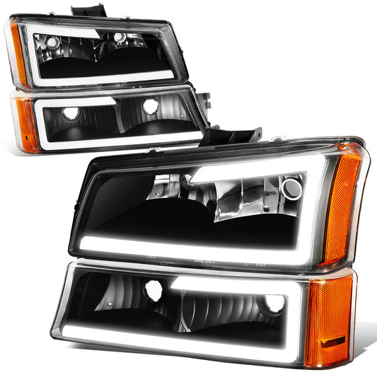 FAROS 03-06 CHEVY SILVERADO 1500, 2500, 3500 / 2007 CHEVY SILVERADO 1500, 2500, 3500 / 03-06 CHEVY AVALANCHE - FITS MODELS WITHOUT BODY CLADDING ONLY - FITS MODELS WITH HALOGEN HEADLIGHTS ONLY - LED DRL - 4PC - BLACK HOUSING / AMBER CORNER