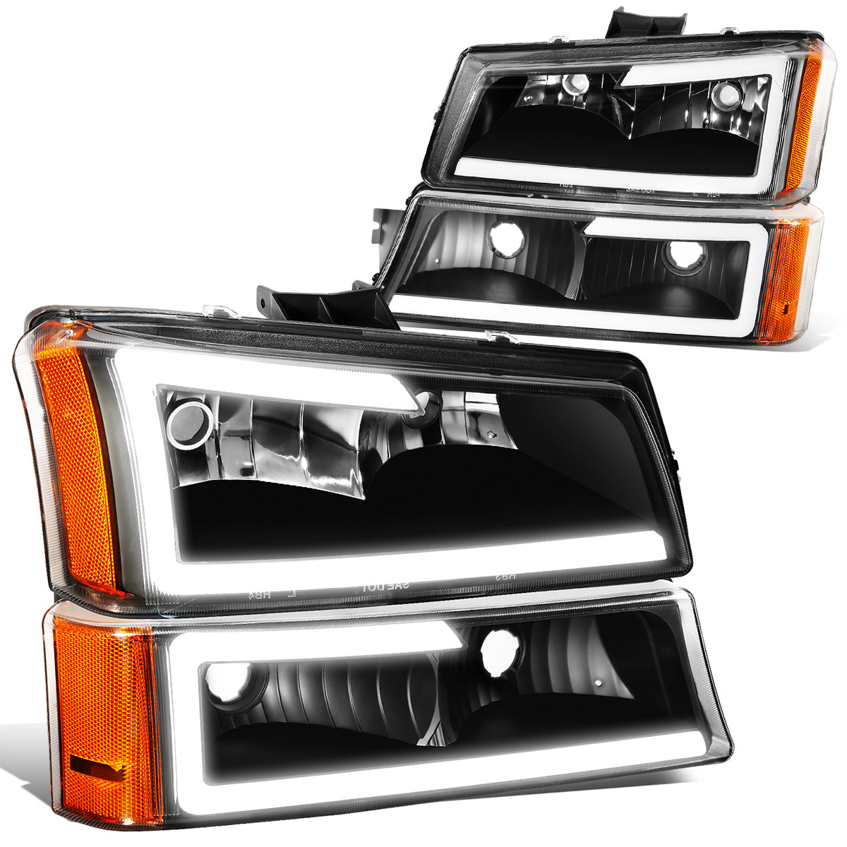 FAROS 03-06 CHEVY SILVERADO 1500, 2500, 3500 / 2007 CHEVY SILVERADO 1500, 2500, 3500 / 03-06 CHEVY AVALANCHE - FITS MODELS WITHOUT BODY CLADDING ONLY - FITS MODELS WITH HALOGEN HEADLIGHTS ONLY - LED DRL - 4PC - BLACK HOUSING / AMBER CORNER
