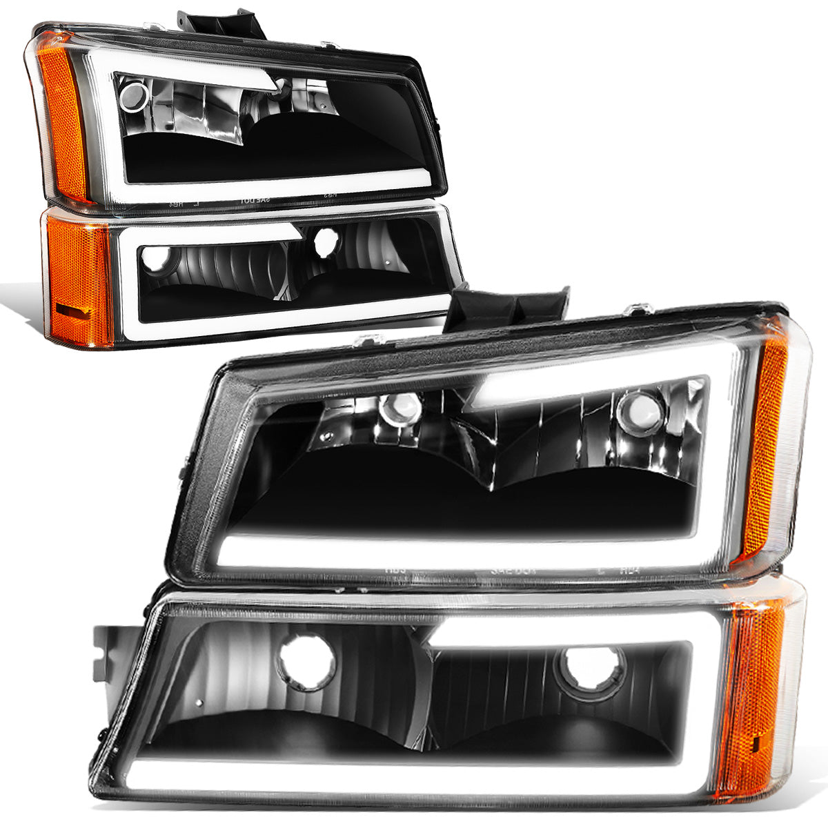 FAROS 03-06 CHEVY SILVERADO 1500, 2500, 3500 / 2007 CHEVY SILVERADO 1500, 2500, 3500 / 03-06 CHEVY AVALANCHE - FITS MODELS WITHOUT BODY CLADDING ONLY - FITS MODELS WITH HALOGEN HEADLIGHTS ONLY - LED DRL - 4PC - BLACK HOUSING / AMBER CORNER