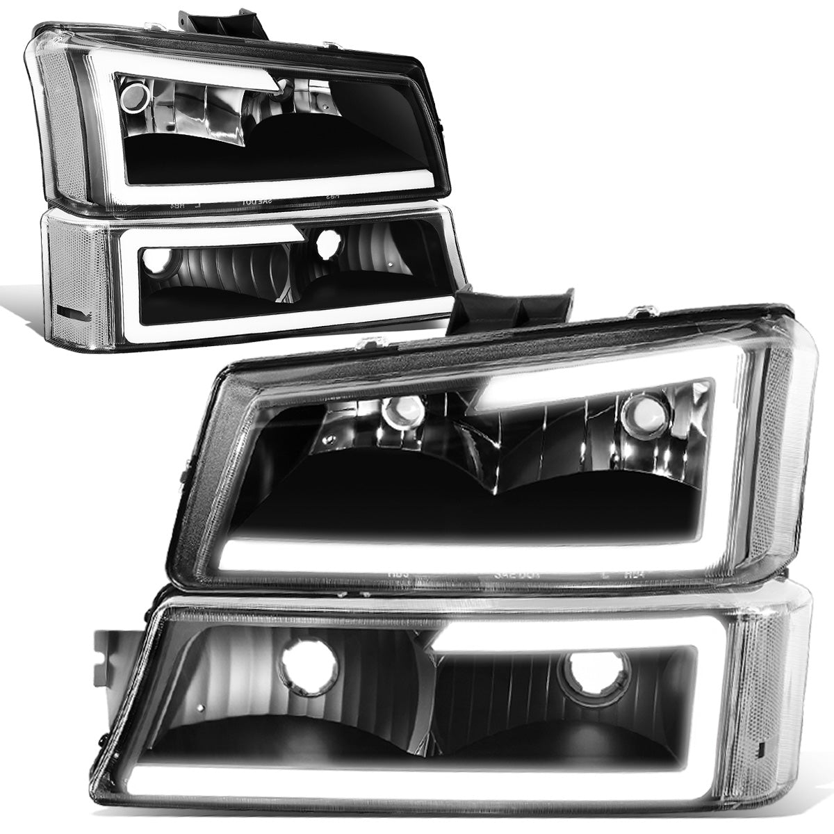 FAROS 03-06 CHEVY SILVERADO 1500, 2500, 3500 / 2007 CHEVY SILVERADO 1500, 2500, 3500 / 03-06 CHEVY AVALANCHE - FITS MODELS WITHOUT BODY CLADDING ONLY - FITS MODELS WITH HALOGEN HEADLIGHTS ONLY - LED DRL - 4PC - BLACK HOUSING / CLEAR CORNER