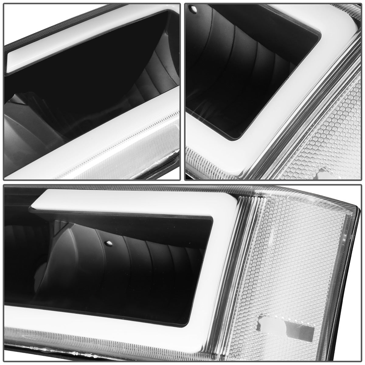 FAROS 03-06 CHEVY SILVERADO 1500, 2500, 3500 / 2007 CHEVY SILVERADO 1500, 2500, 3500 / 03-06 CHEVY AVALANCHE - FITS MODELS WITHOUT BODY CLADDING ONLY - FITS MODELS WITH HALOGEN HEADLIGHTS ONLY - LED DRL - 4PC - BLACK HOUSING / CLEAR CORNER