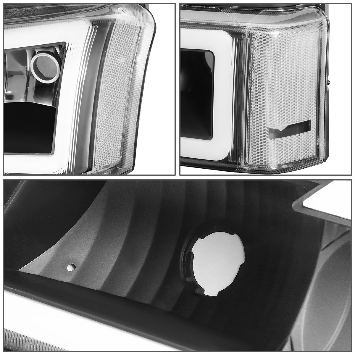 FAROS 03-06 CHEVY SILVERADO 1500, 2500, 3500 / 2007 CHEVY SILVERADO 1500, 2500, 3500 / 03-06 CHEVY AVALANCHE - FITS MODELS WITHOUT BODY CLADDING ONLY - FITS MODELS WITH HALOGEN HEADLIGHTS ONLY - LED DRL - 4PC - BLACK HOUSING / CLEAR CORNER