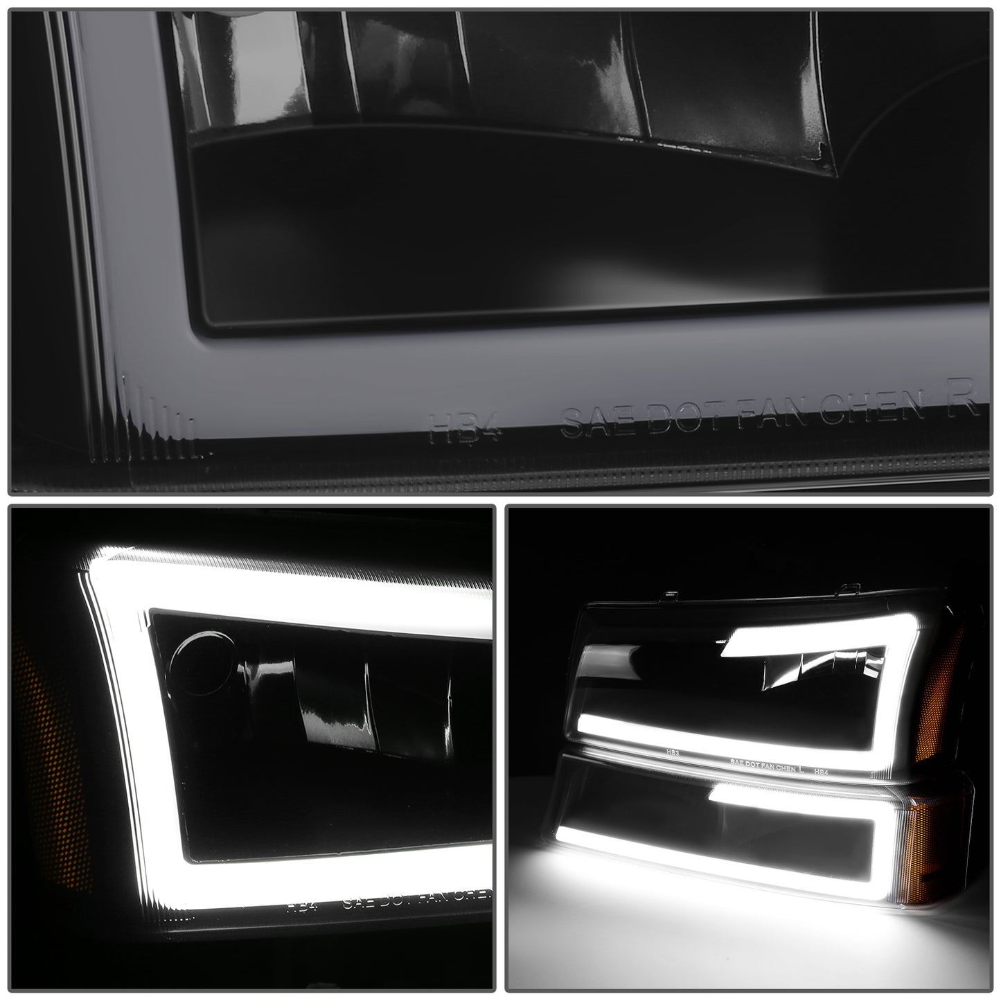 FAROS 03-06 CHEVY SILVERADO 1500, 2500, 3500 / 2007 CHEVY SILVERADO 1500, 2500, 3500 / 03-06 CHEVY AVALANCHE - FITS MODELS WITHOUT BODY CLADDING ONLY - FITS MODELS WITH HALOGEN HEADLIGHTS ONLY - LED DRL - 4PC - BLACK HOUSING / AMBER CORNER / SMOKE LENS