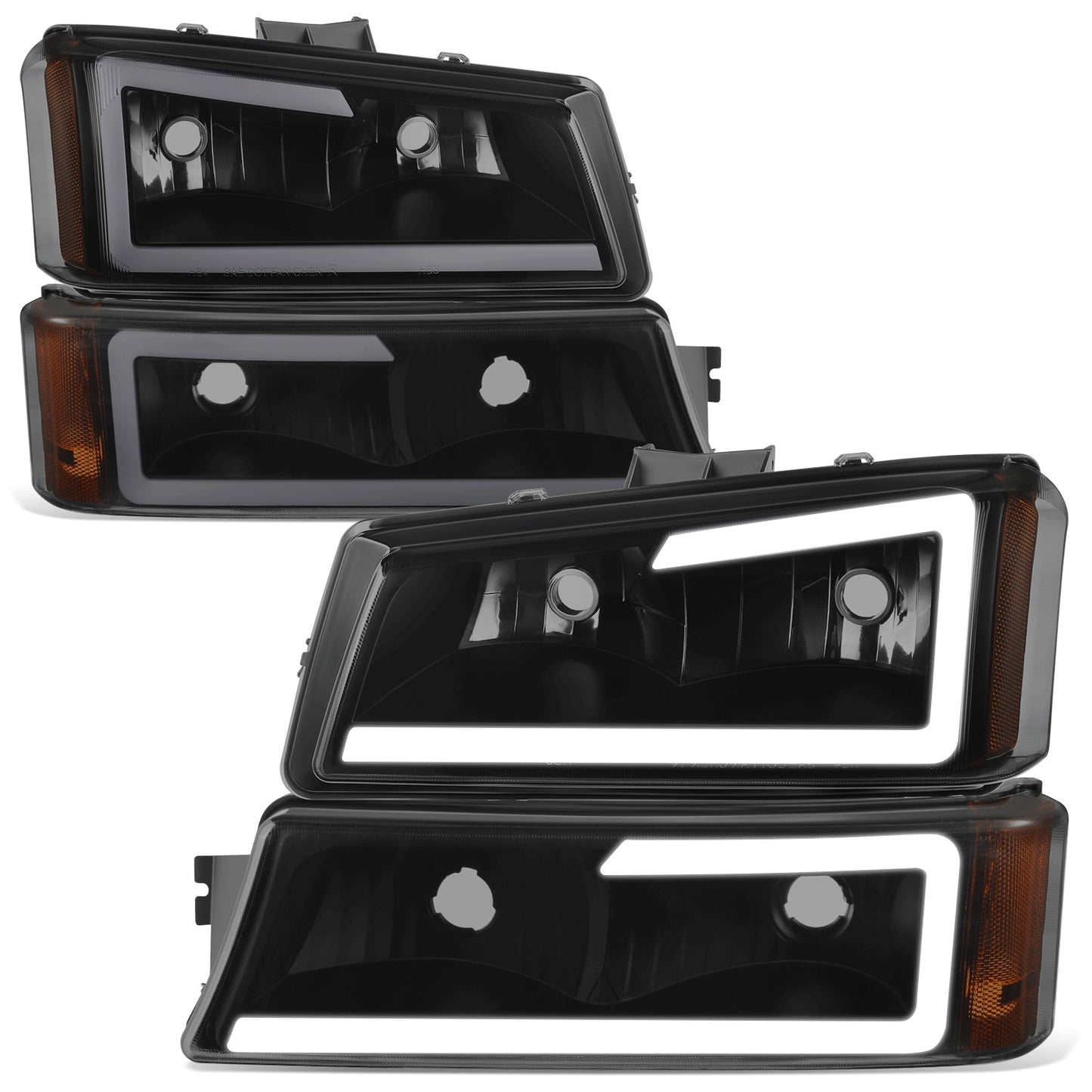 FAROS 03-06 CHEVY SILVERADO 1500, 2500, 3500 / 2007 CHEVY SILVERADO 1500, 2500, 3500 / 03-06 CHEVY AVALANCHE - FITS MODELS WITHOUT BODY CLADDING ONLY - FITS MODELS WITH HALOGEN HEADLIGHTS ONLY - LED DRL - 4PC - BLACK HOUSING / AMBER CORNER / SMOKE LENS