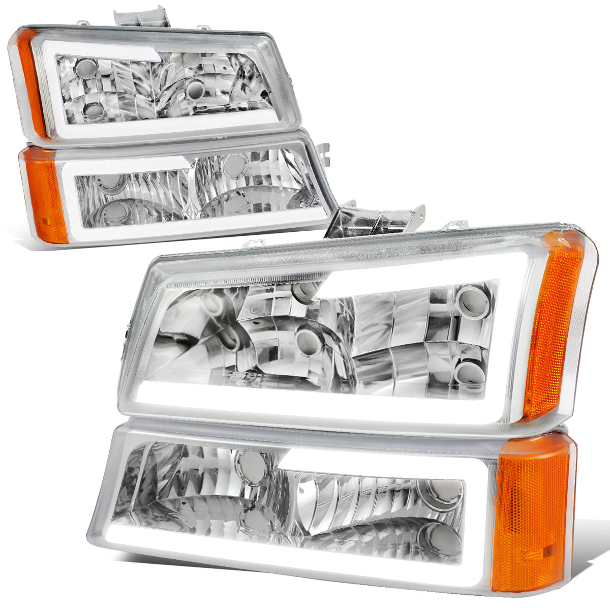 FAROS 03-06 CHEVY SILVERADO 1500, 2500, 3500 / 2007 CHEVY SILVERADO 1500, 2500, 3500 / 03-06 CHEVY AVALANCHE - FITS MODELS WITHOUT BODY CLADDING ONLY - FITS MODELS WITH HALOGEN HEADLIGHTS ONLY - LED DRL - 4PC - CHROME HOUSING / AMBER CORNER