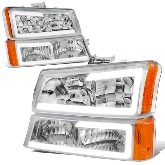 FAROS 03-06 CHEVY SILVERADO 1500, 2500, 3500 / 2007 CHEVY SILVERADO 1500, 2500, 3500 / 03-06 CHEVY AVALANCHE - FITS MODELS WITHOUT BODY CLADDING ONLY - FITS MODELS WITH HALOGEN HEADLIGHTS ONLY - LED DRL - 4PC - CHROME HOUSING / AMBER CORNER