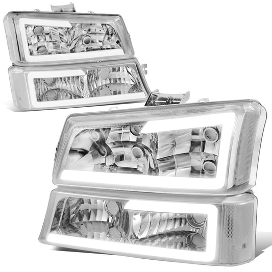 FAROS 03-06 CHEVY SILVERADO 1500, 2500, 3500 / 2007 CHEVY SILVERADO 1500, 2500, 3500 / 03-06 CHEVY AVALANCHE - FITS MODELS WITHOUT BODY CLADDING ONLY - FITS MODELS WITH HALOGEN HEADLIGHTS ONLY - LED DRL - 4PC - CHROME HOUSING / CLEAR CORNER