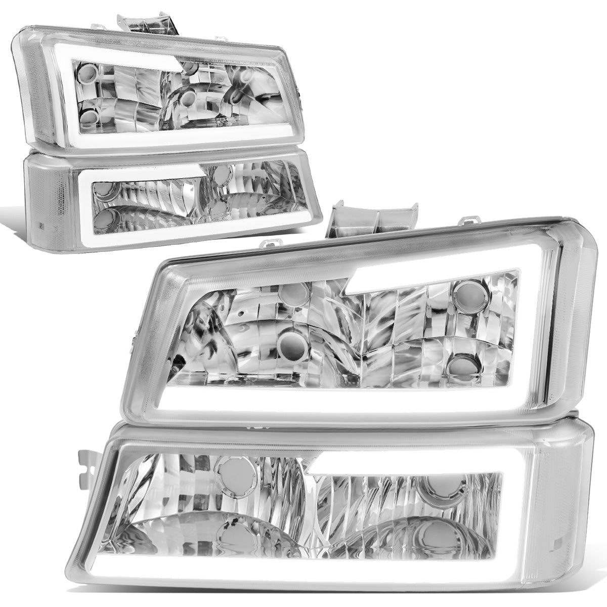 FAROS 03-06 CHEVY SILVERADO 1500, 2500, 3500 / 2007 CHEVY SILVERADO 1500, 2500, 3500 / 03-06 CHEVY AVALANCHE - FITS MODELS WITHOUT BODY CLADDING ONLY - FITS MODELS WITH HALOGEN HEADLIGHTS ONLY - LED DRL - 4PC - CHROME HOUSING / CLEAR CORNER