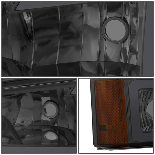 FAROS 03-06 CHEVY SILVERADO 1500, 2500, 3500 / 2007 CHEVY SILVERADO 1500, 2500, 3500 / 03-06 CHEVY AVALANCHE - FITS MODELS WITHOUT BODY CLADDING ONLY - FITS MODELS WITH HALOGEN HEADLIGHTS ONLY - LED DRL - 4PC - SMOKE HOUSING / AMBER CORNER