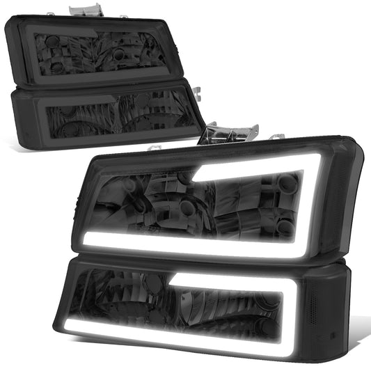 FAROS 03-06 CHEVY SILVERADO 1500, 2500, 3500 / 2007 CHEVY SILVERADO 1500, 2500, 3500 / 03-06 CHEVY AVALANCHE - FITS MODELS WITHOUT BODY CLADDING ONLY - FITS MODELS WITH HALOGEN HEADLIGHTS ONLY - LED DRL - 4PC - SMOKE HOUSING / CLEAR CORNER