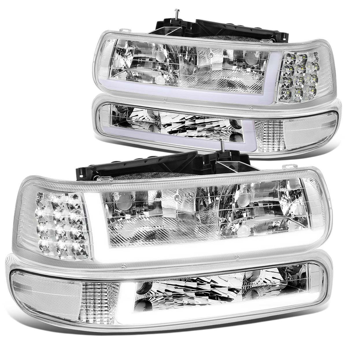 FAROS 99-02 CHEVY SILVERADO 1500, 2500 / 01-02 CHEVY SILVERADO 1500HD, SILVERADO 2500HD, SILVERADO 3500 / 00-06 CHEVY SUBURBAN 1500, SUBURBAN 2500, TAHOE - LED DRL - DRL REQUIRES WIRING INTO EXISTING LIGHTING HARNESS - 4PC - CHROME HOUSING / CLEAR CORNER