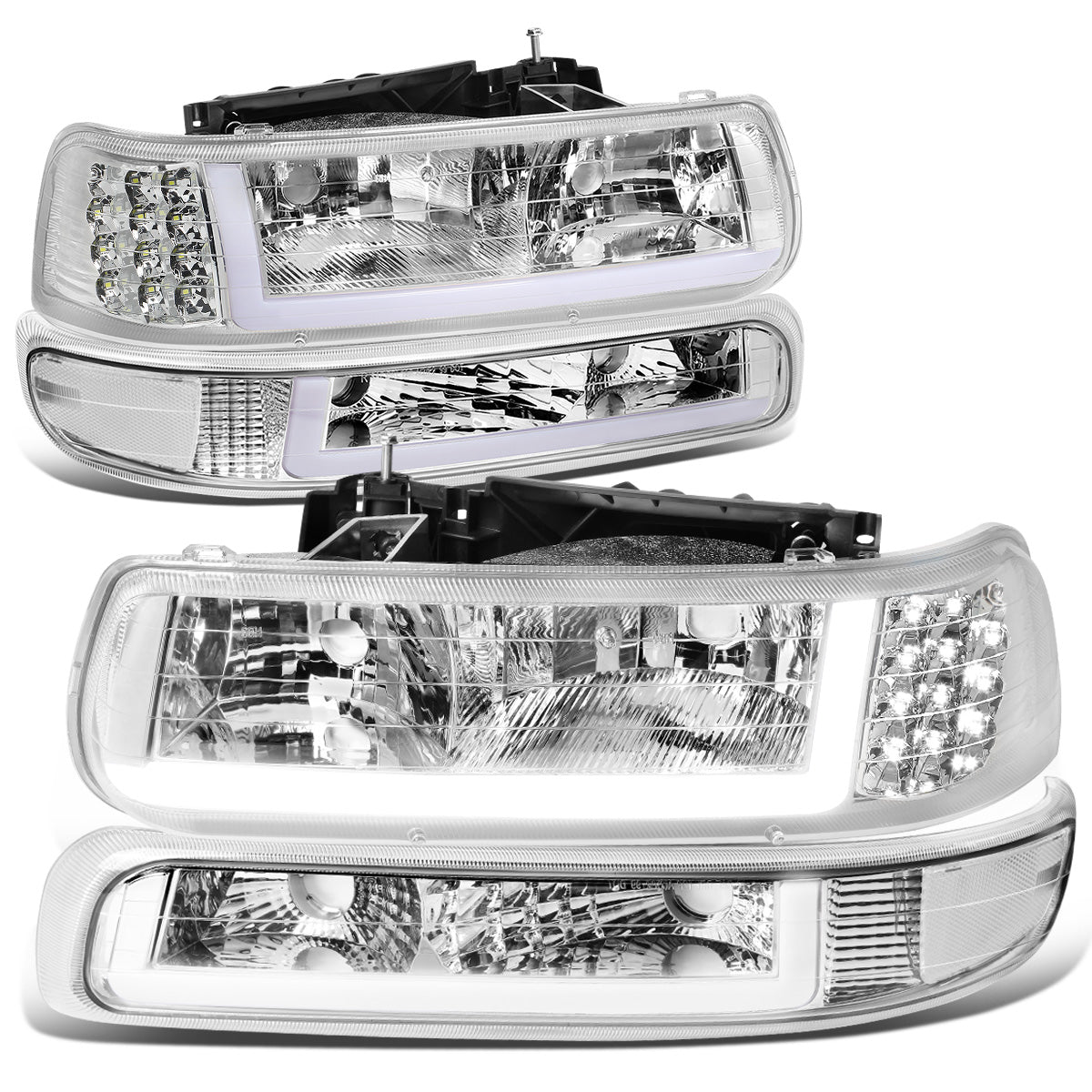 FAROS 99-02 CHEVY SILVERADO 1500, 2500 / 01-02 CHEVY SILVERADO 1500HD, SILVERADO 2500HD, SILVERADO 3500 / 00-06 CHEVY SUBURBAN 1500, SUBURBAN 2500, TAHOE - LED DRL - DRL REQUIRES WIRING INTO EXISTING LIGHTING HARNESS - 4PC - CHROME HOUSING / CLEAR CORNER