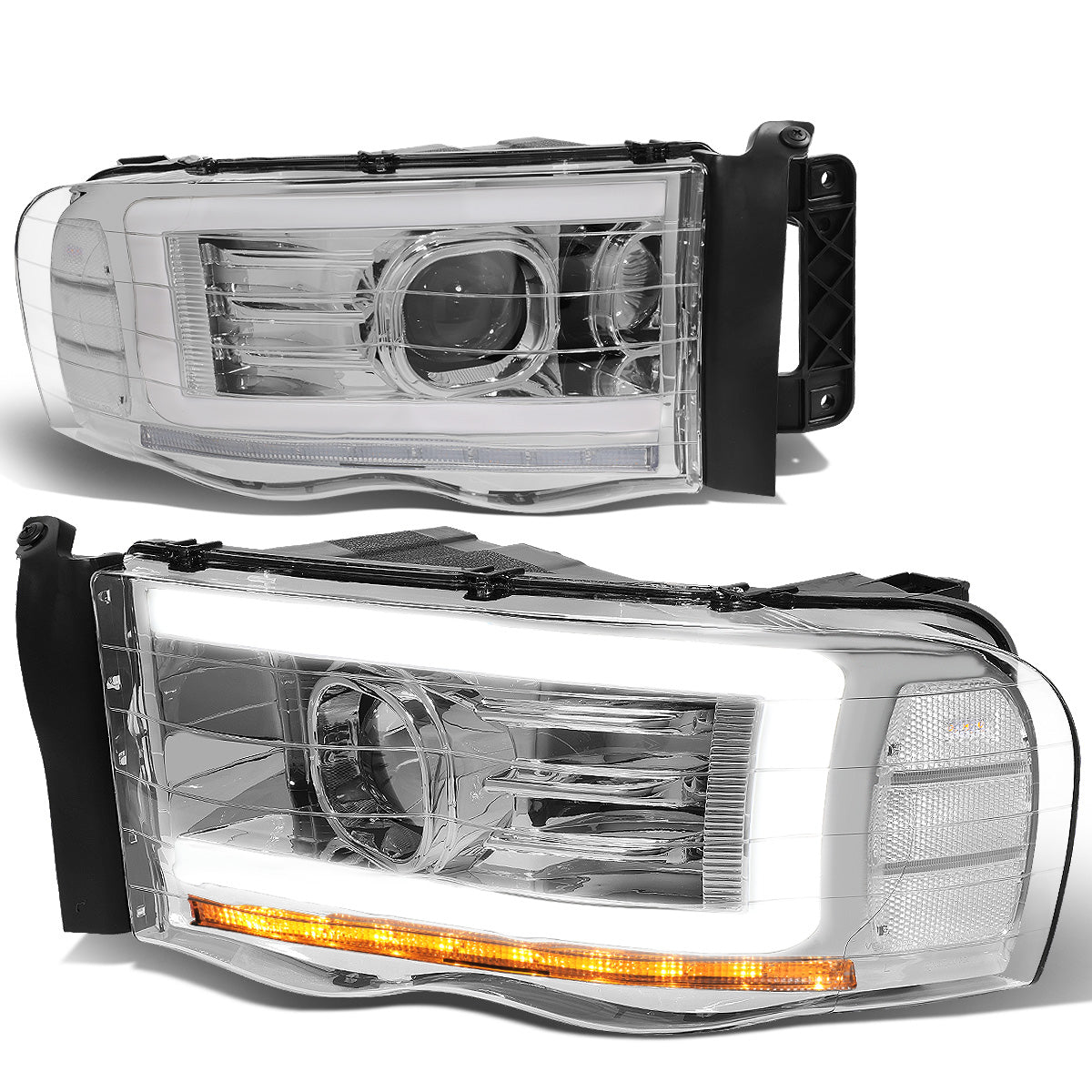 FAROS 06-08 DODGE RAM 1500 / 06-09 RAM 2500 , 3500 2/4-DOOR - FOR 2009 , FIT OLD BODY STYLE ONLY - DOES NOT FIT NEW BODY STYLE MODELS - STOCK HEADLIGHTS WITHOUT AMBER BAR - LED DRL - CHROME HOUSING / CLEAR CORNER - H13 LOW BEAM / HIGH BEAM