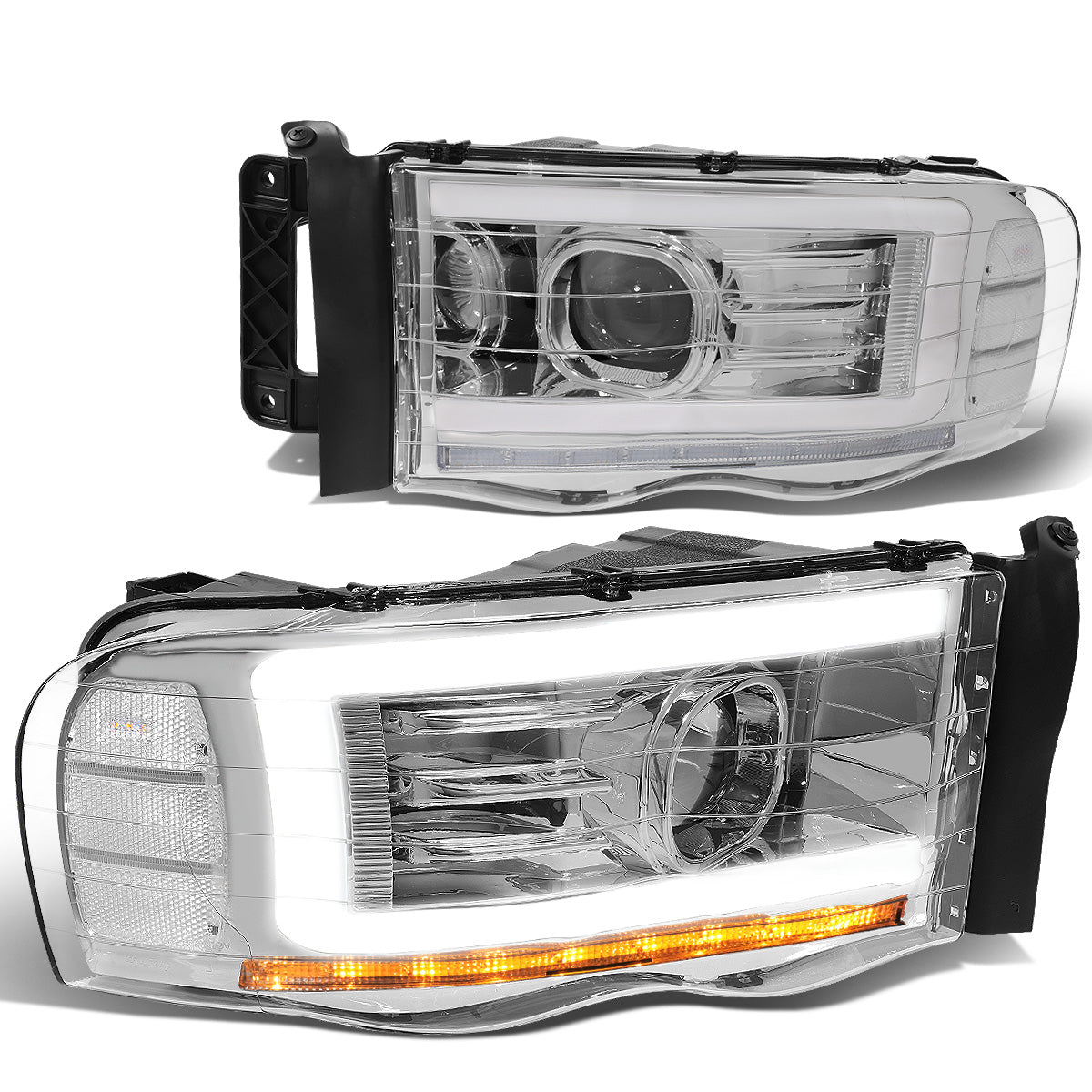 FAROS 02-05 DODGE RAM 1500 2500 3500 - LED DRL - PROJECTOR - CHROME HOUSING / CLEAR CORNER - H7 HIGH / LOW BEAM / LED SIGNAL