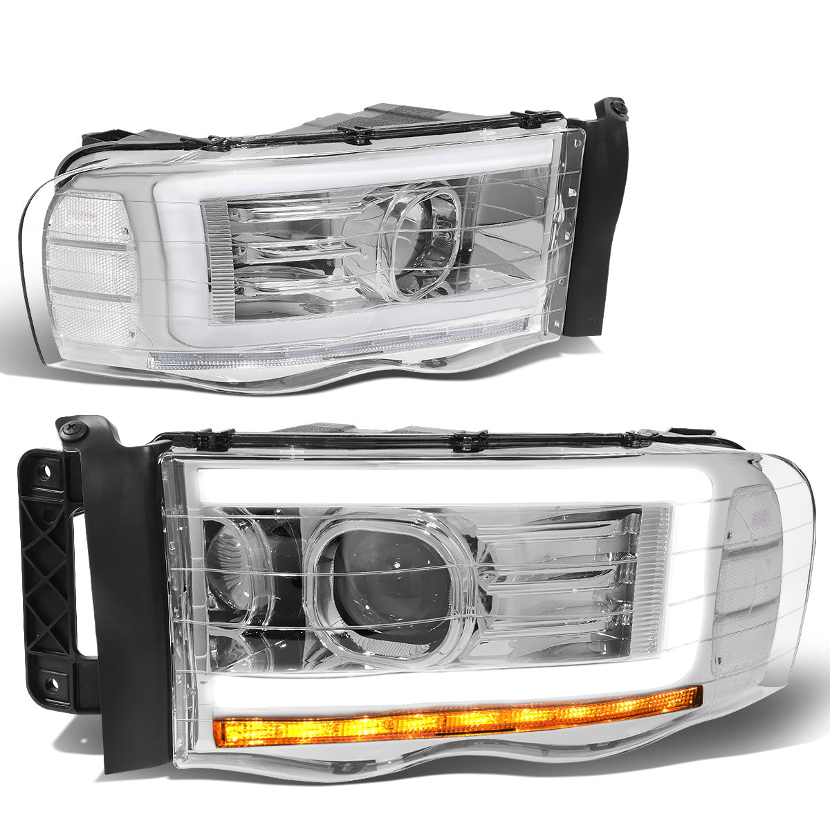 FAROS 06-08 DODGE RAM 1500 / 06-09 RAM 2500 , 3500 2/4-DOOR - FOR 2009 , FIT OLD BODY STYLE ONLY - DOES NOT FIT NEW BODY STYLE MODELS - STOCK HEADLIGHTS WITHOUT AMBER BAR - LED DRL - CHROME HOUSING / CLEAR CORNER - H13 LOW BEAM / HIGH BEAM