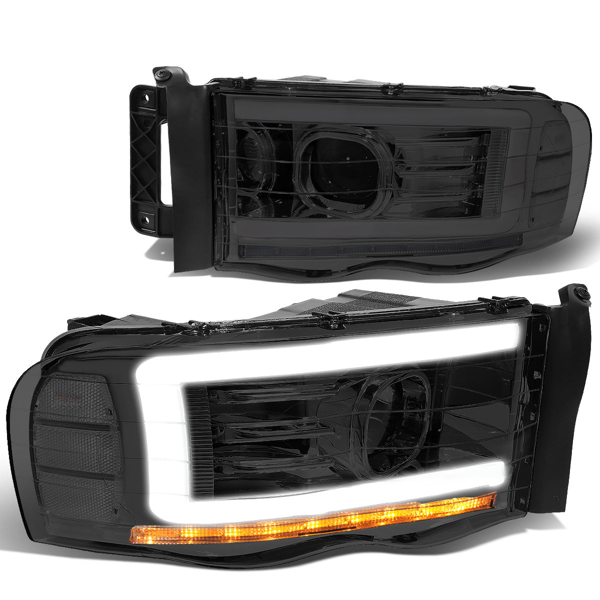 FAROS 02-05 DODGE RAM 1500 2500 3500 - LED DRL - PROJECTOR - SMOKE HOUSING / CLEAR CORNER - H7 HIGH / LOW BEAM / LED SIGNAL