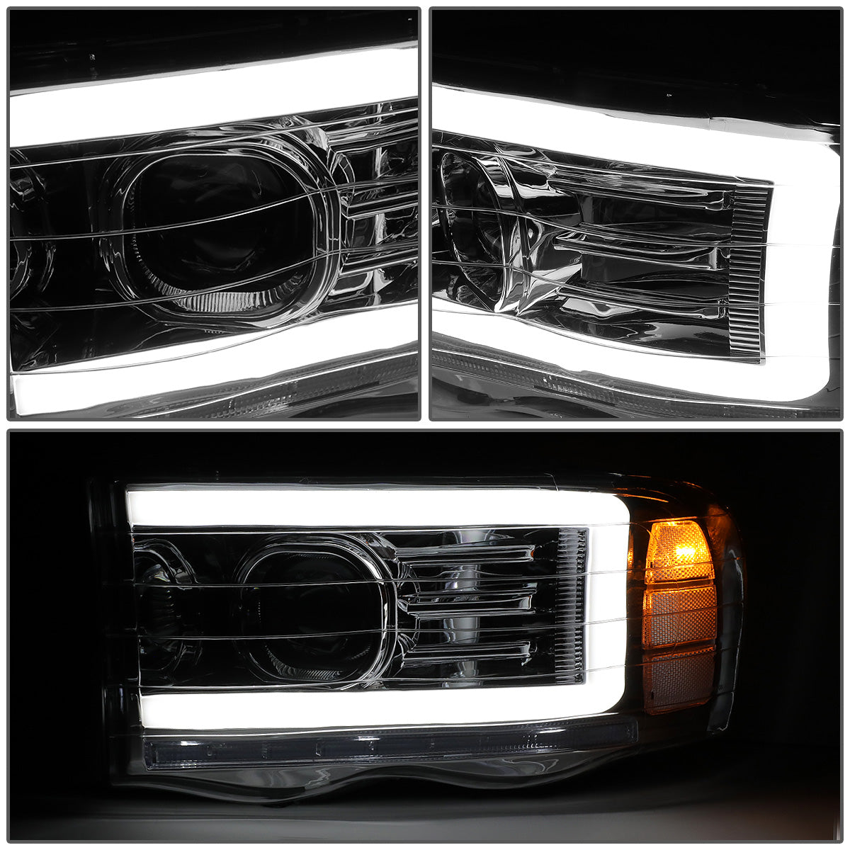 FAROS 02-05 DODGE RAM 1500 2500 3500 - LED DRL - PROJECTOR - SMOKE HOUSING / CLEAR CORNER - H7 HIGH / LOW BEAM / LED SIGNAL