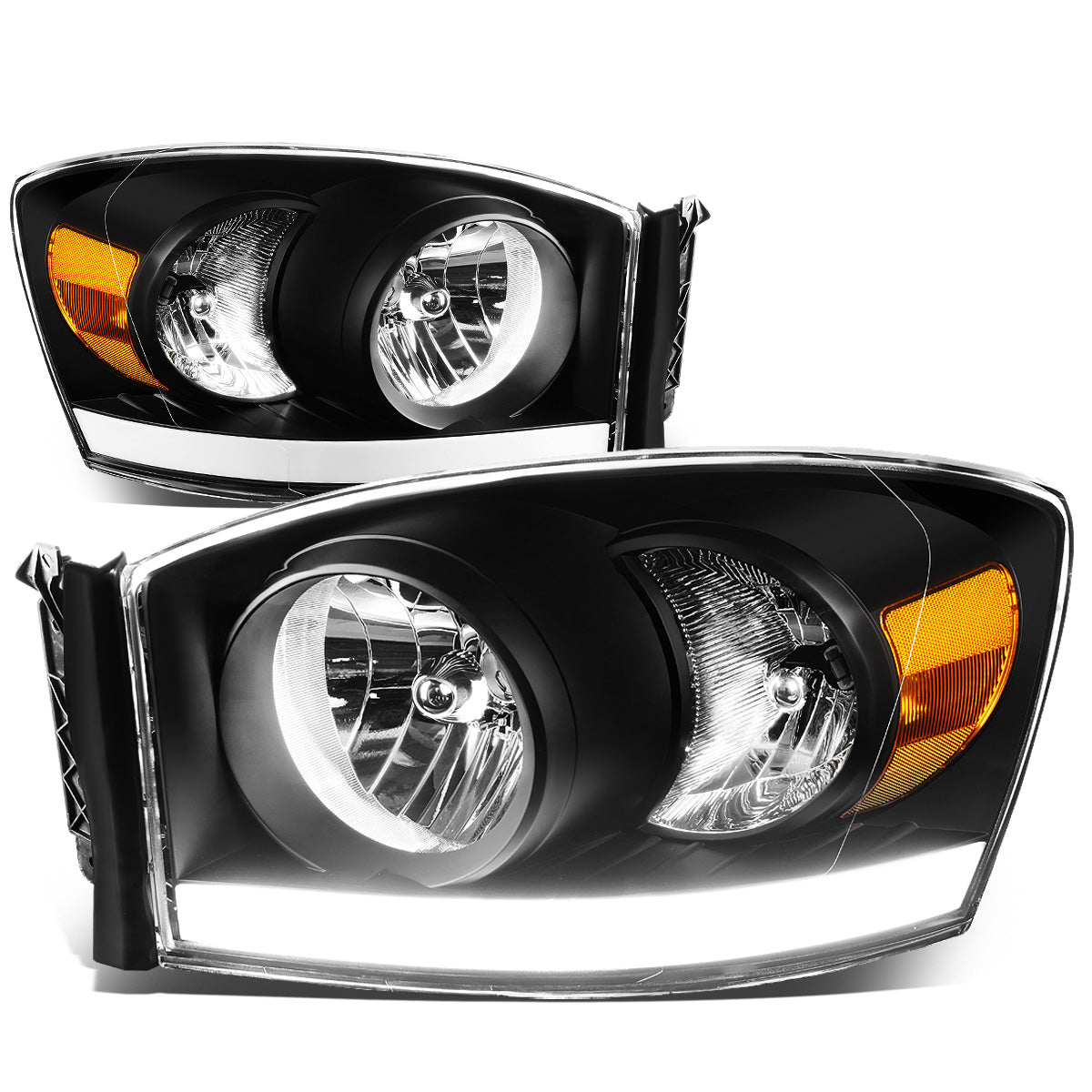 FAROS 06-08 DODGE RAM 1500 / 06-09 RAM 2500 , 3500 2/4-DOOR - FOR 2009 , FIT OLD BODY STYLE ONLY - DOES NOT FIT NEW BODY STYLE MODELS - STOCK HEADLIGHTS WITHOUT AMBER BAR - LED DRL - BLACK HOUSING / AMBER CORNER - H13 LOW BEAM / HIGH BEAM