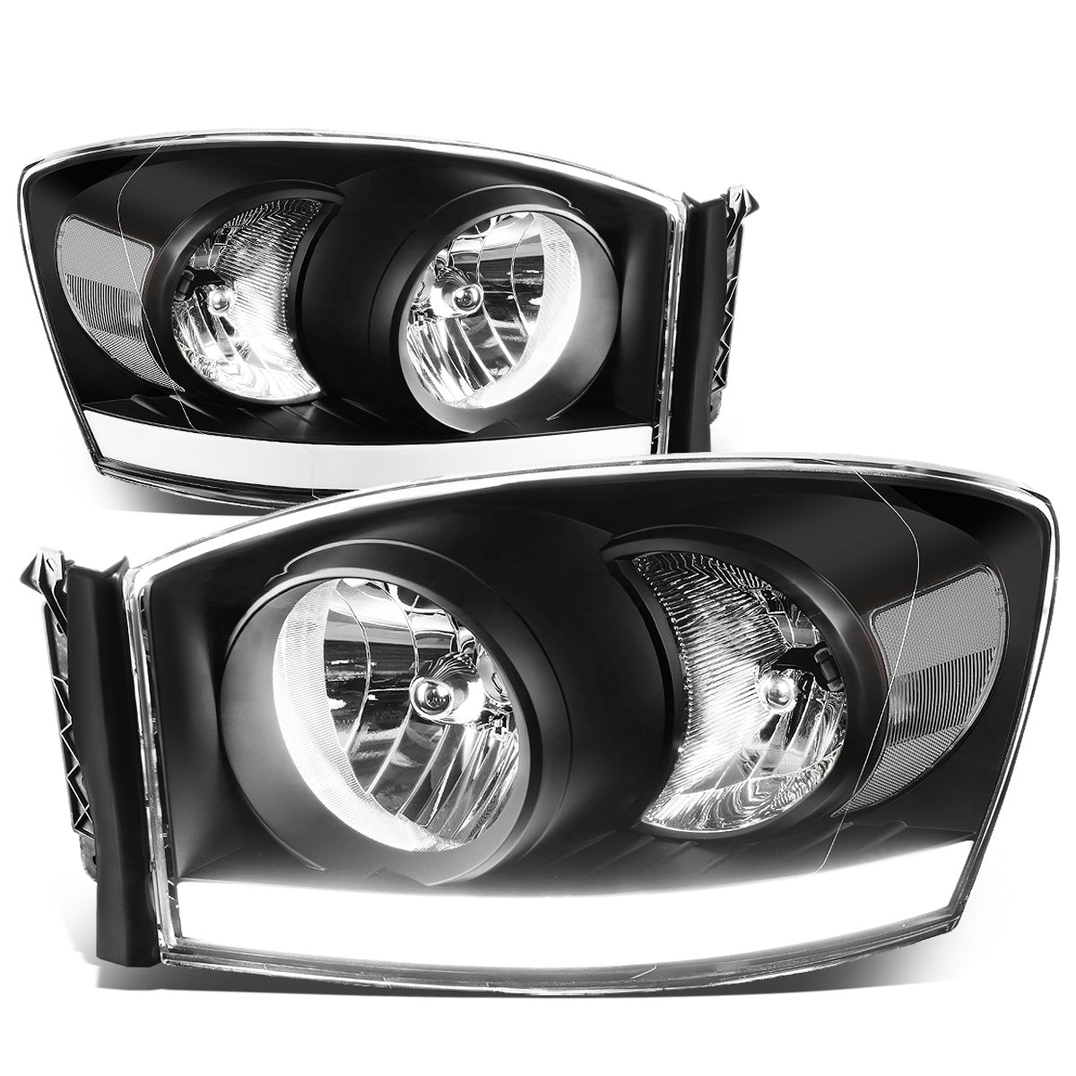 FAROS 06-08 DODGE RAM 1500 / 06-09 RAM 2500 , 3500 2/4-DOOR - FOR 2009 , FIT OLD BODY STYLE ONLY - DOES NOT FIT NEW BODY STYLE MODELS - STOCK HEADLIGHTS WITHOUT AMBER BAR - LED DRL - BLACK HOUSING / CLEAR CORNER - H13 LOW BEAM / HIGH BEAM