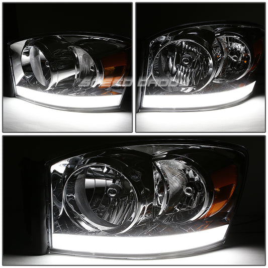 FAROS 06-08 DODGE RAM 1500 / 06-09 RAM 2500 , 3500 2/4-DOOR - FOR 2009 , FIT OLD BODY STYLE ONLY - DOES NOT FIT NEW BODY STYLE MODELS - STOCK HEADLIGHTS WITHOUT AMBER BAR - LED DRL - CHROME HOUSING / AMBER CORNER - H13 LOW BEAM / HIGH BEAM
