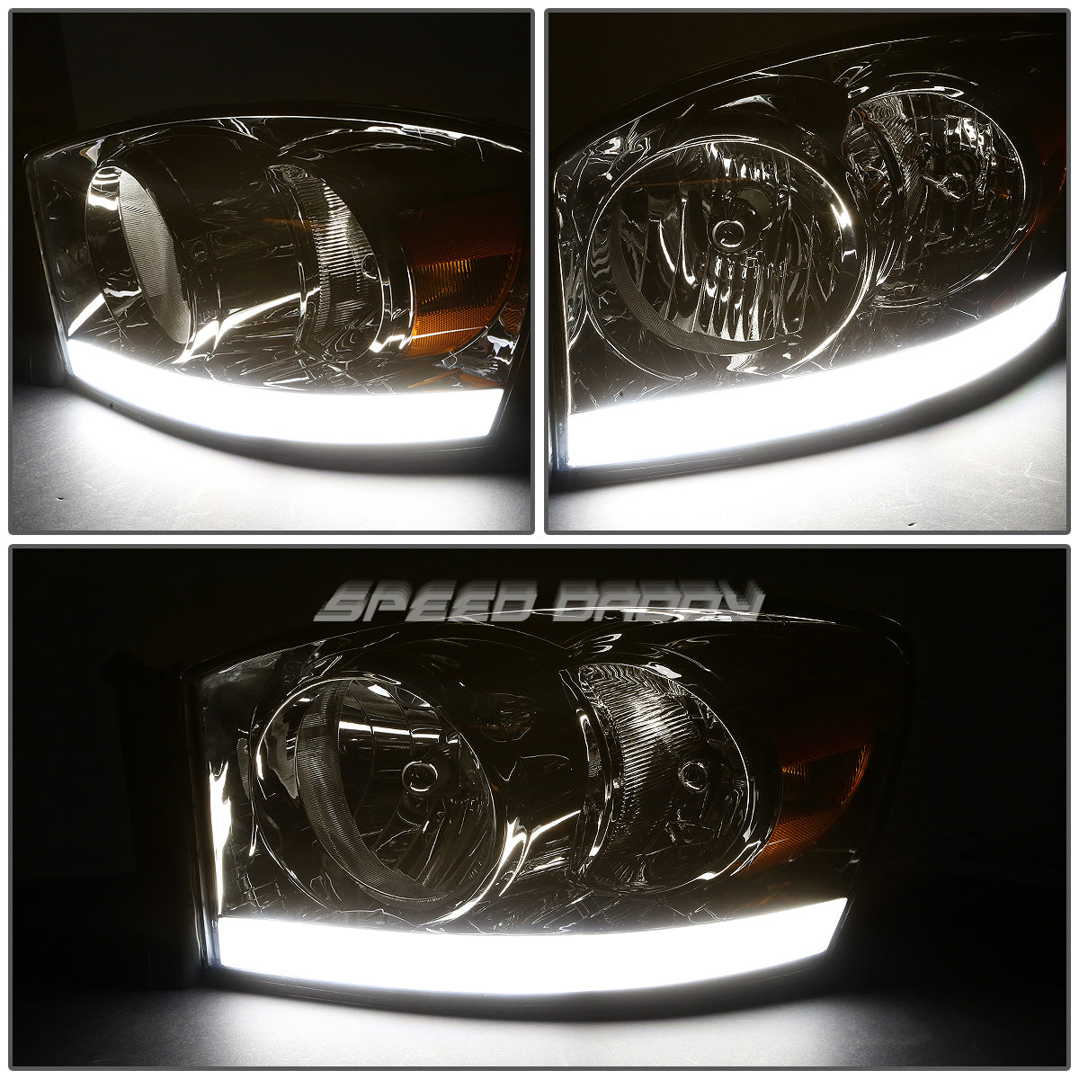 FAROS 06-08 DODGE RAM 1500 / 06-09 RAM 2500 , 3500 2/4-DOOR - FOR 2009 , FIT OLD BODY STYLE ONLY - DOES NOT FIT NEW BODY STYLE MODELS - STOCK HEADLIGHTS WITHOUT AMBER BAR - LED DRL - SMOKE HOUSING / AMBER CORNER - H13 LOW BEAM / HIGH BEAM