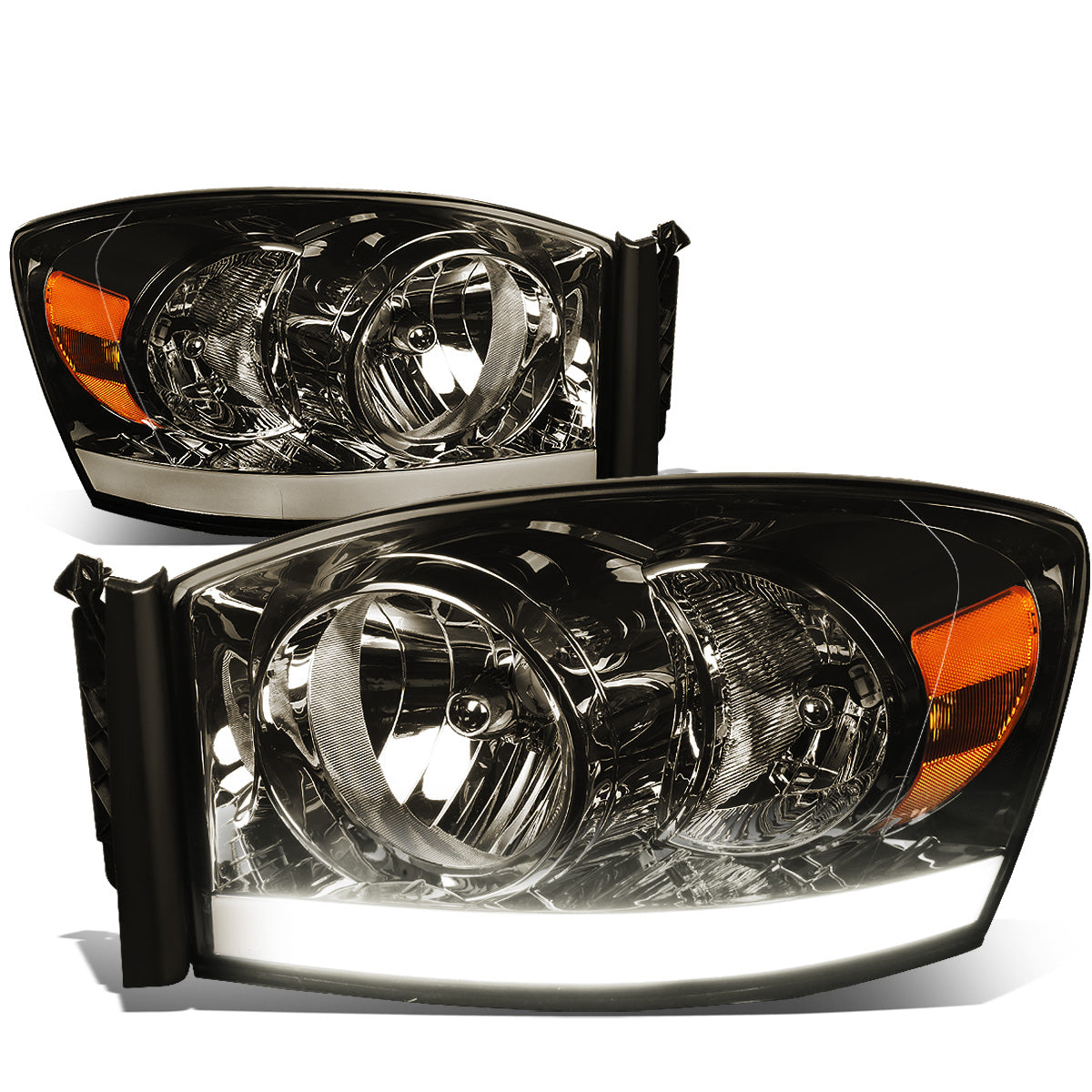 FAROS 06-08 DODGE RAM 1500 / 06-09 RAM 2500 , 3500 2/4-DOOR - FOR 2009 , FIT OLD BODY STYLE ONLY - DOES NOT FIT NEW BODY STYLE MODELS - STOCK HEADLIGHTS WITHOUT AMBER BAR - LED DRL - SMOKE HOUSING / AMBER CORNER - H13 LOW BEAM / HIGH BEAM