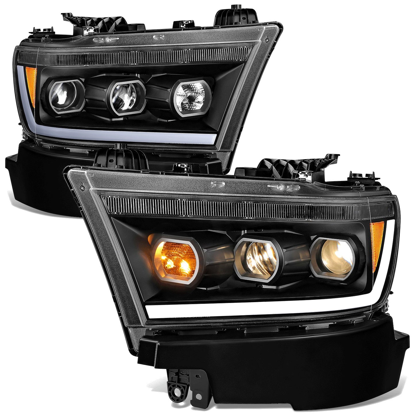 FAROS 19-24 RAM 1500 - WITH FACTORY HALOGEN HEADLIGHTS - OE STYLE - 9005 HIGH / H11 LOW / 12961 MARKER / 4443NA TURN SIGNAL - BLACK HOUSING / AMBER CORNER