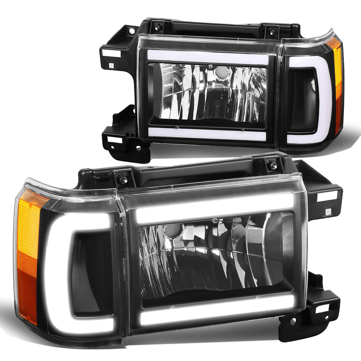FAROS 87-91 FORD BRONCO - 81-91 FORD F-150 / 87-91 FORD F-250 / 87-91 FORD F-350 - LED DRL - BLACK HOUSING / AMBER CORNER - 9004 HIGH BEAM / LOW BEAM / 3157 SIGNAL