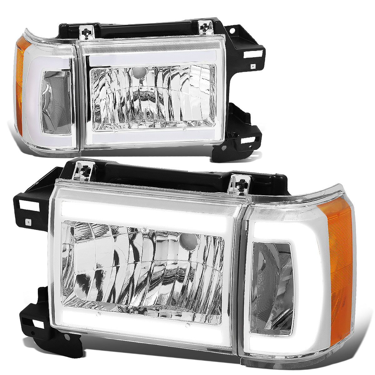 FAROS 87-91 FORD BRONCO - 81-91 FORD F-150 / 87-91 FORD F-250 / 87-91 FORD F-350 - LED DRL - CHROME HOUSING / AMBER CORNER - 9004 HIGH BEAM / LOW BEAM / 3157 SIGNAL