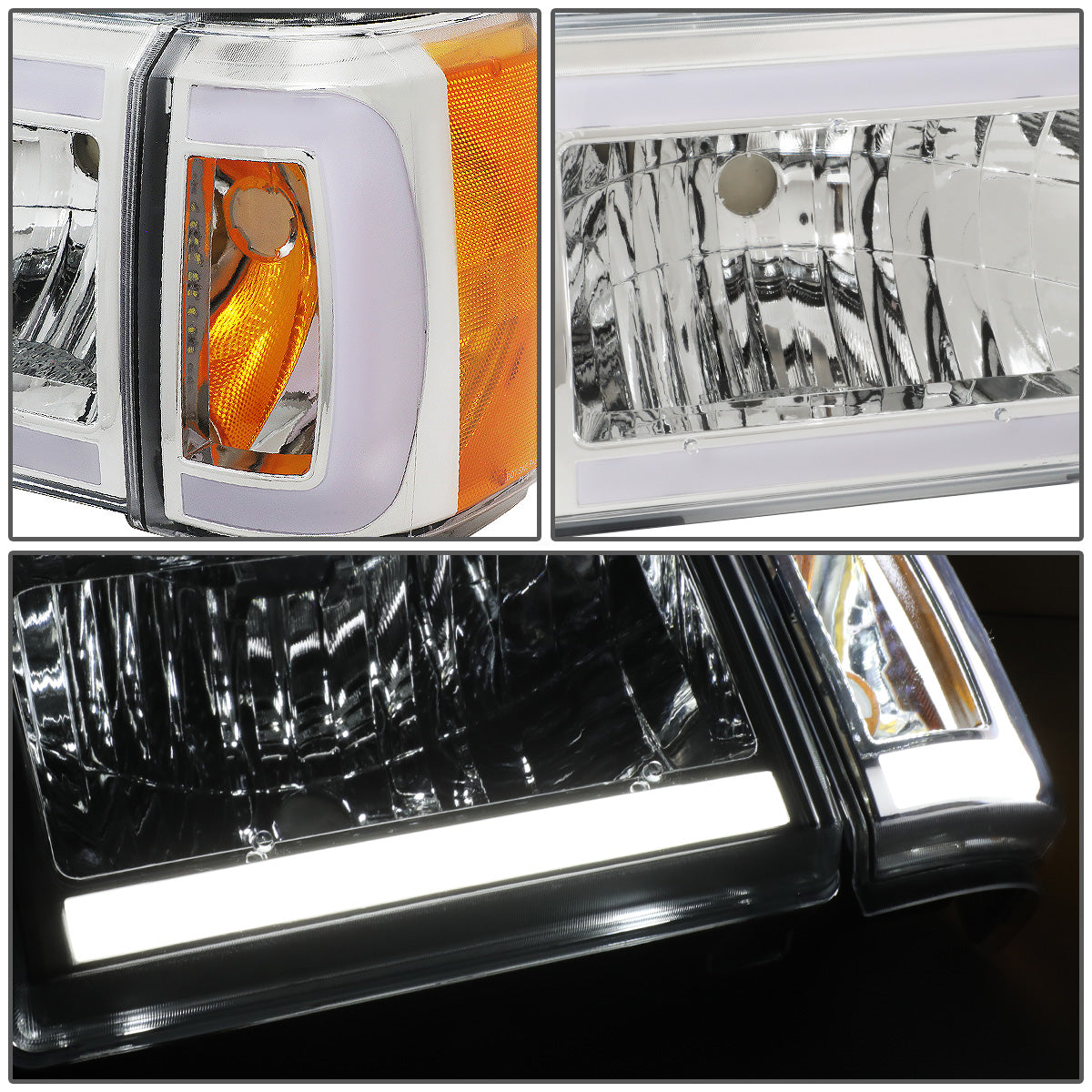 FAROS 87-91 FORD BRONCO - 81-91 FORD F-150 / 87-91 FORD F-250 / 87-91 FORD F-350 - LED DRL - CHROME HOUSING / AMBER CORNER - 9004 HIGH BEAM / LOW BEAM / 3157 SIGNAL