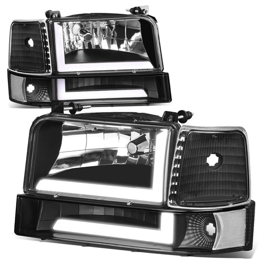 FAROS 92-96 FORD F-150, F-250, F-350 BRONCO - FITS MODELS WITH HALOGEN HEADLIGHTS ONLY - DUAL LED DRL - 4PC - BLACK HOUSING / CLEAR CORNER