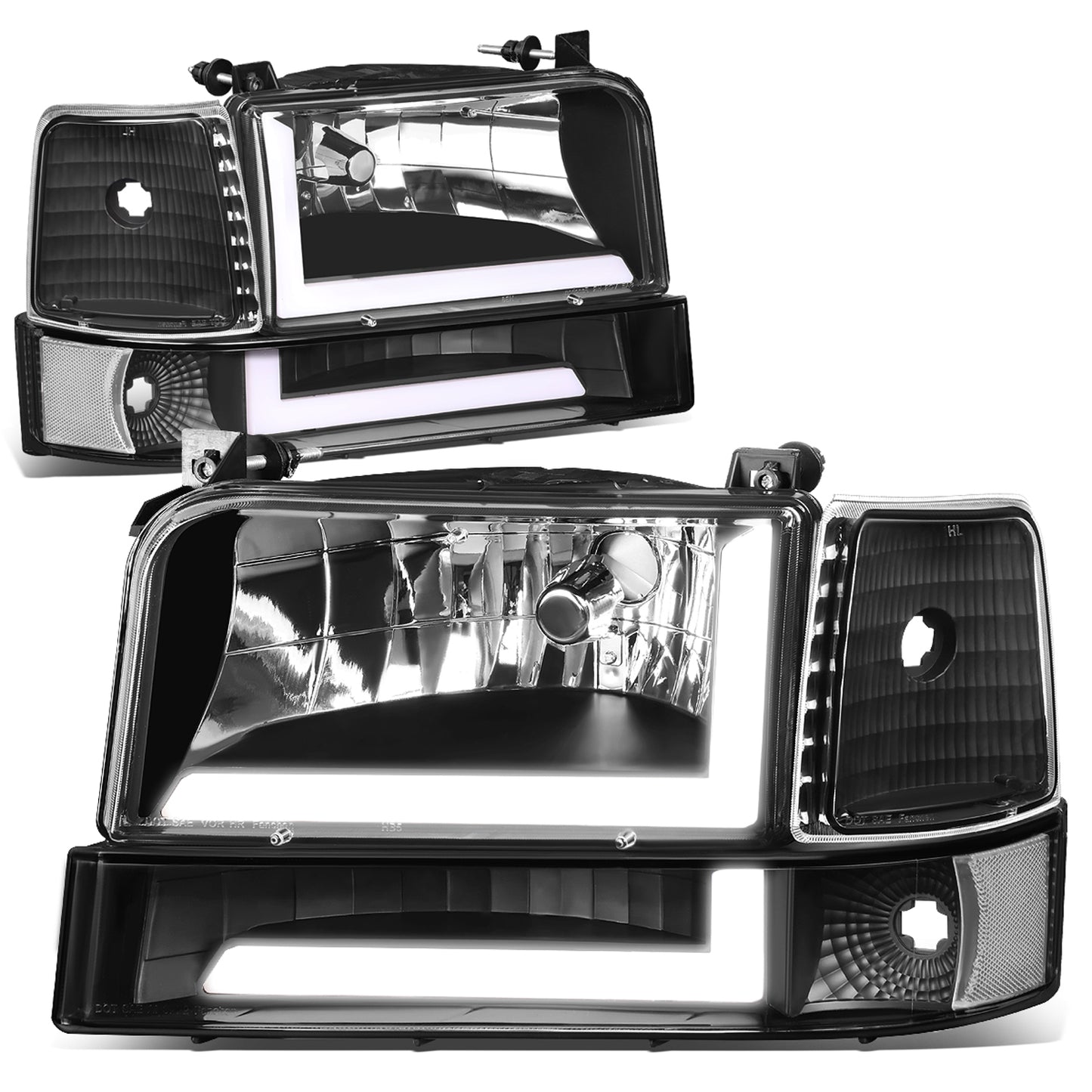 FAROS 92-96 FORD F-150, F-250, F-350 BRONCO - FITS MODELS WITH HALOGEN HEADLIGHTS ONLY - DUAL LED DRL - 4PC - BLACK HOUSING / CLEAR CORNER