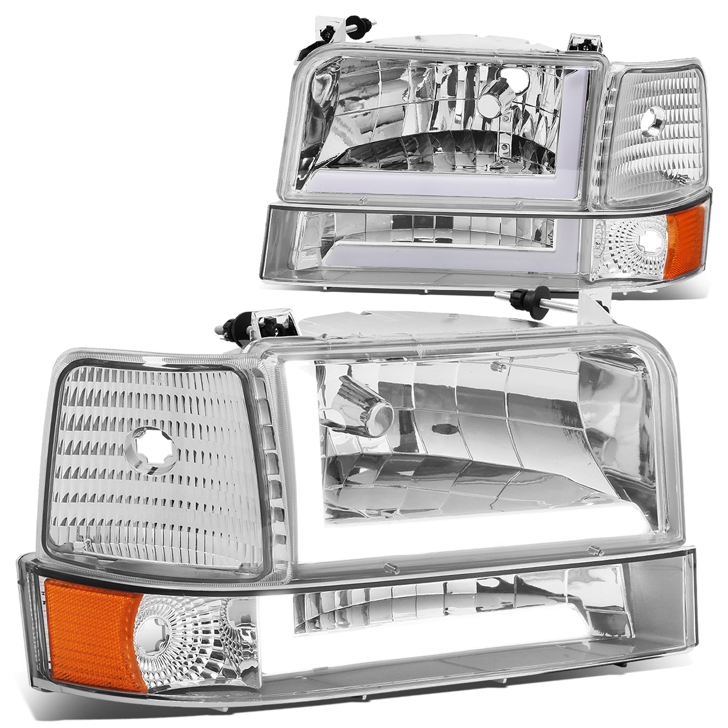FAROS 92-96 FORD F-150, F-250, F-350 BRONCO - FITS MODELS WITH HALOGEN HEADLIGHTS ONLY - DUAL LED DRL - 4PC - CHROME HOUSING / AMBER CORNER - 9007 LOW BEAM / HIGH BEAM / 194 MARKER