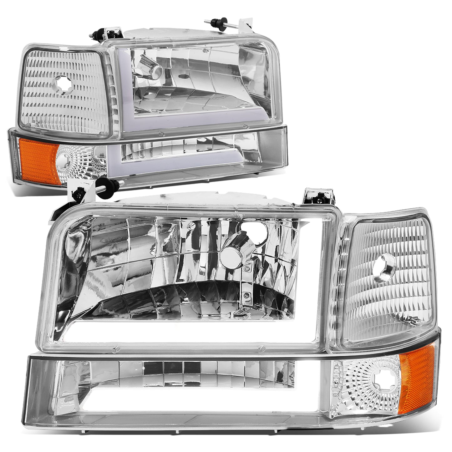 FAROS 92-96 FORD F-150, F-250, F-350 BRONCO - FITS MODELS WITH HALOGEN HEADLIGHTS ONLY - DUAL LED DRL - 4PC - CHROME HOUSING / AMBER CORNER - 9007 LOW BEAM / HIGH BEAM / 194 MARKER