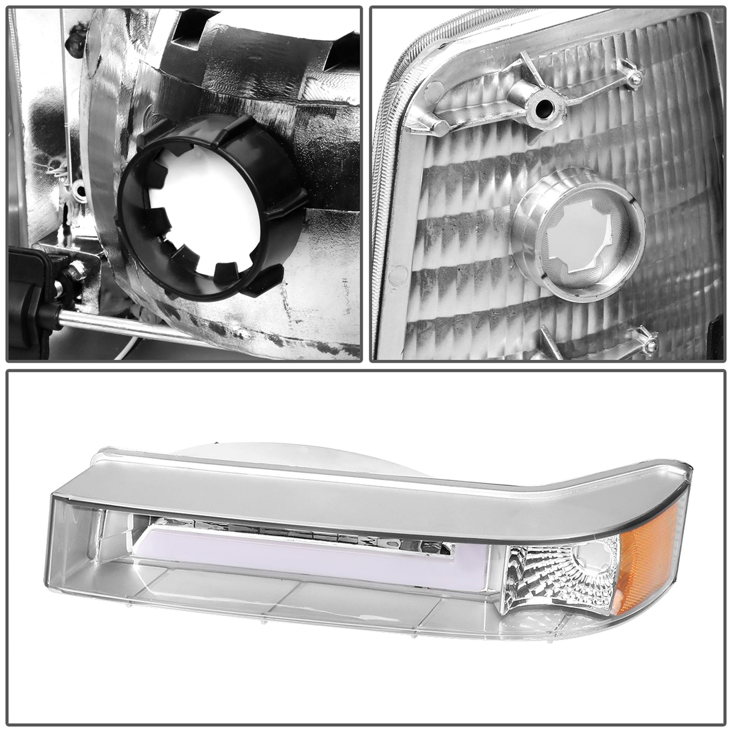 FAROS 92-96 FORD F-150, F-250, F-350 BRONCO - FITS MODELS WITH HALOGEN HEADLIGHTS ONLY - DUAL LED DRL - 4PC - CHROME HOUSING / AMBER CORNER - 9007 LOW BEAM / HIGH BEAM / 194 MARKER