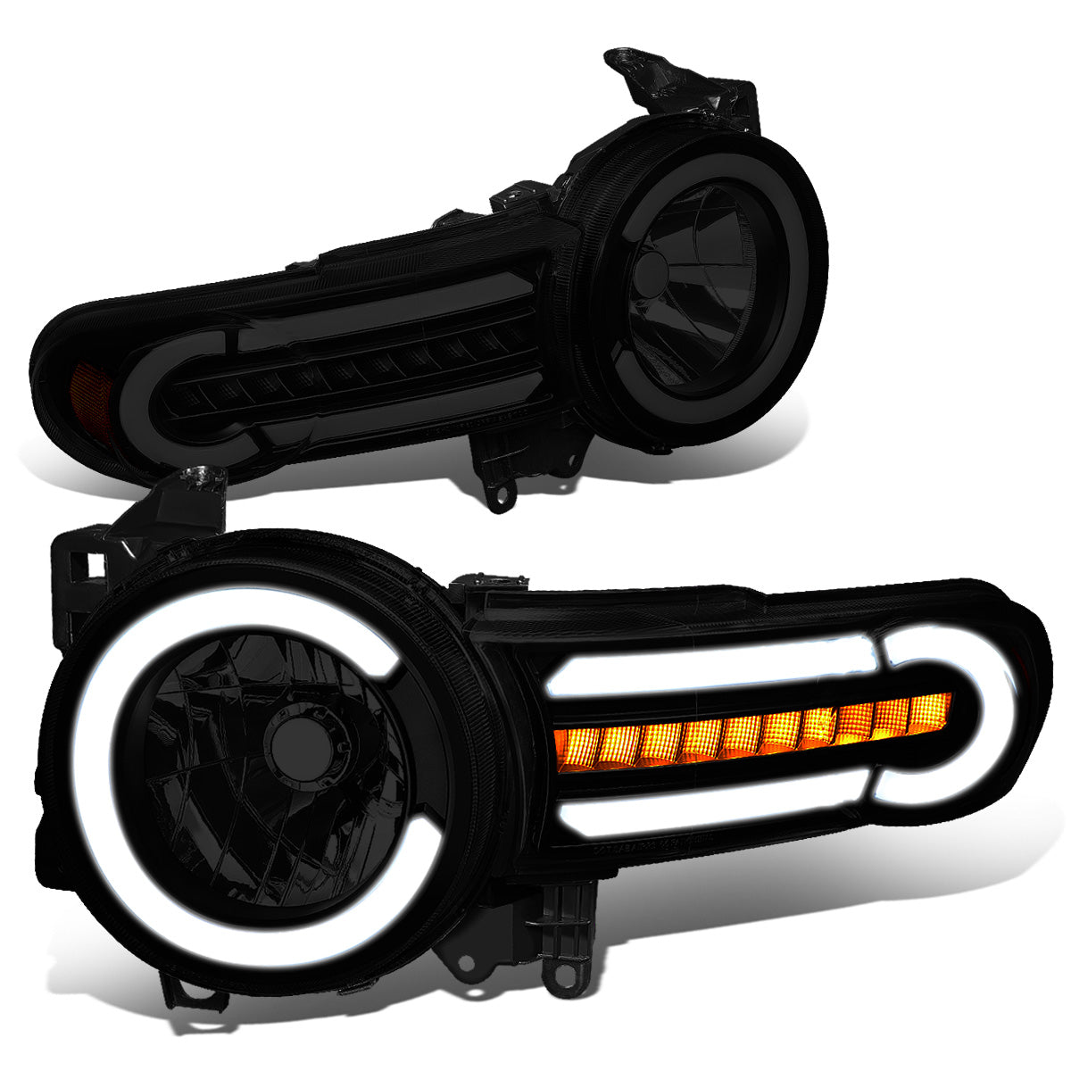 FAROS 07-14 TOYOTA FJ CRUISER - LED DRL - SEQUENTIAL TURN SIGNAL - BLACK HOUSING / SMOKE LENS / AMBER CORNER - 9003 LOW BEAM / H4 HIGH BEAM