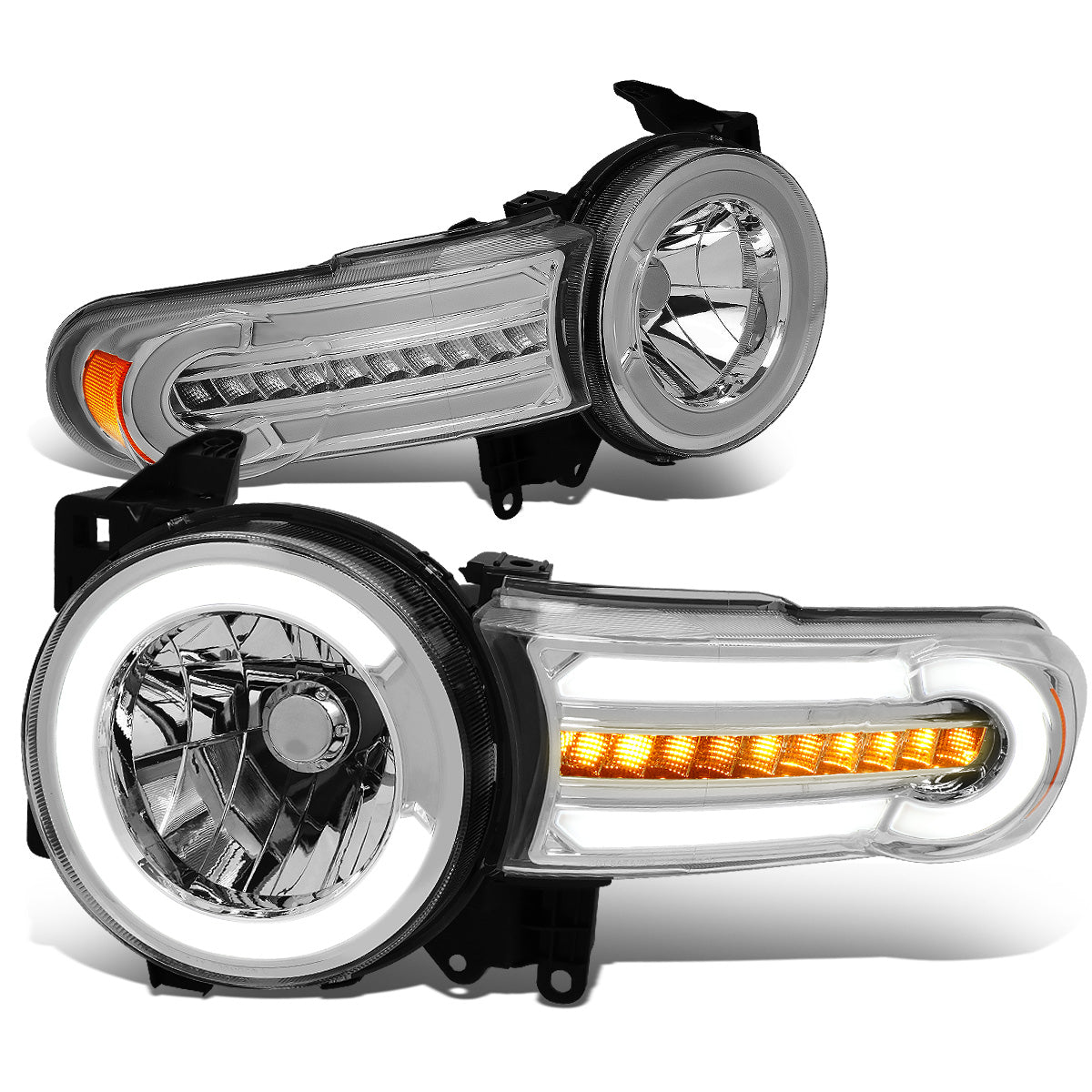 FAROS 07-14 TOYOTA FJ CRUISER - LED DRL - SEQUENTIAL TURN SIGNAL - CHROME HOUSING / AMBER CORNER - 9003 LOW BEAM / H4 HIGH BEAM