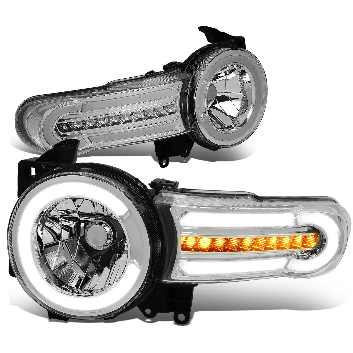 FAROS 07-14 TOYOTA FJ CRUISER - LED DRL - SEQUENTIAL TURN SIGNAL - CHROME HOUSING / CLEAR CORNER - 9003 LOW BEAM / H4 HIGH BEAM