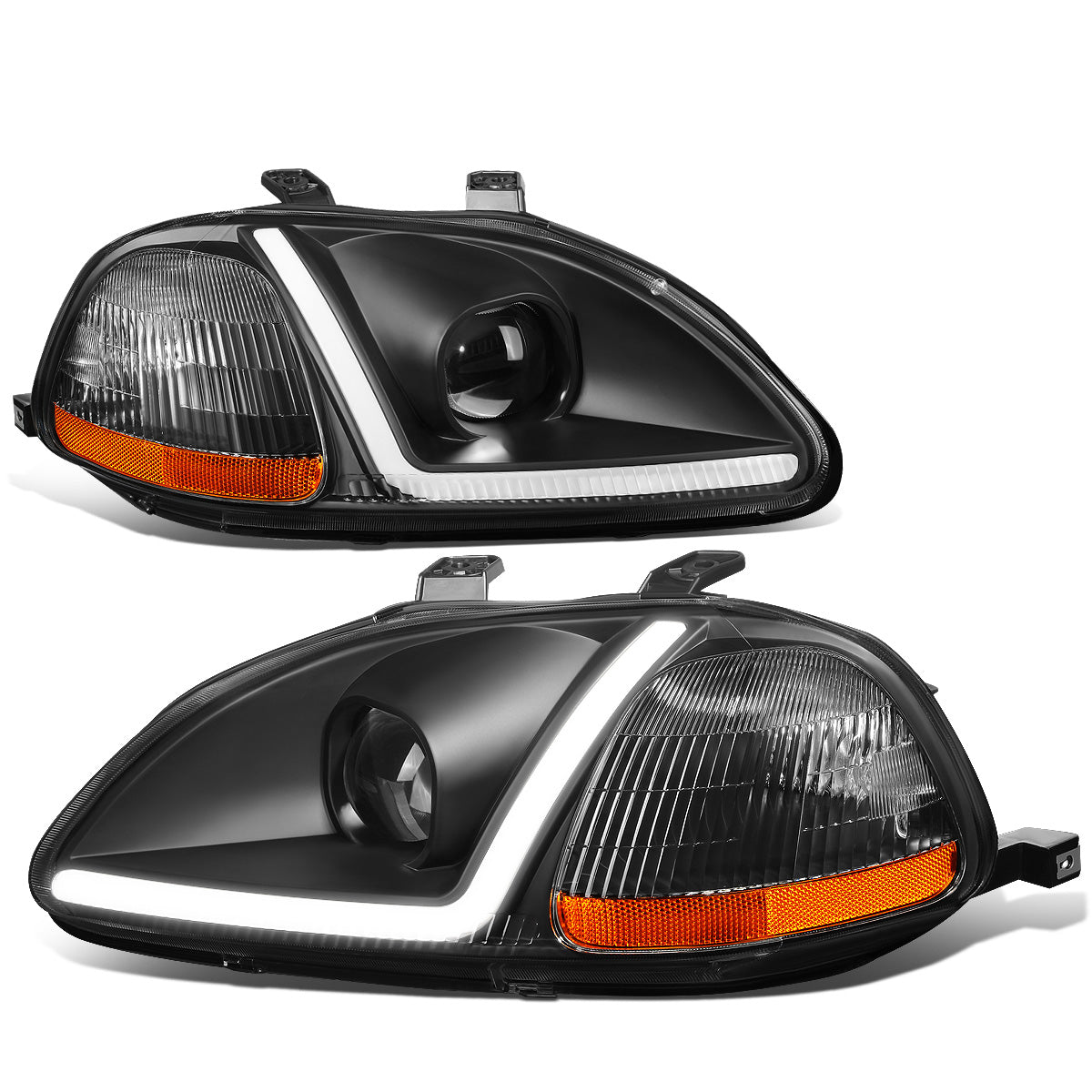 FAROS 96-98 HONDA CIVIC - LED RUNNING LIGHT REQUIRES WIRING INTO EXISTING LIGHTING WIRE HARNESS - LED DRL - PROJECTOR - BLACK HOUSING / AMBER CORNER - H7 LOW BEAM / H7 HIGH BEAM
