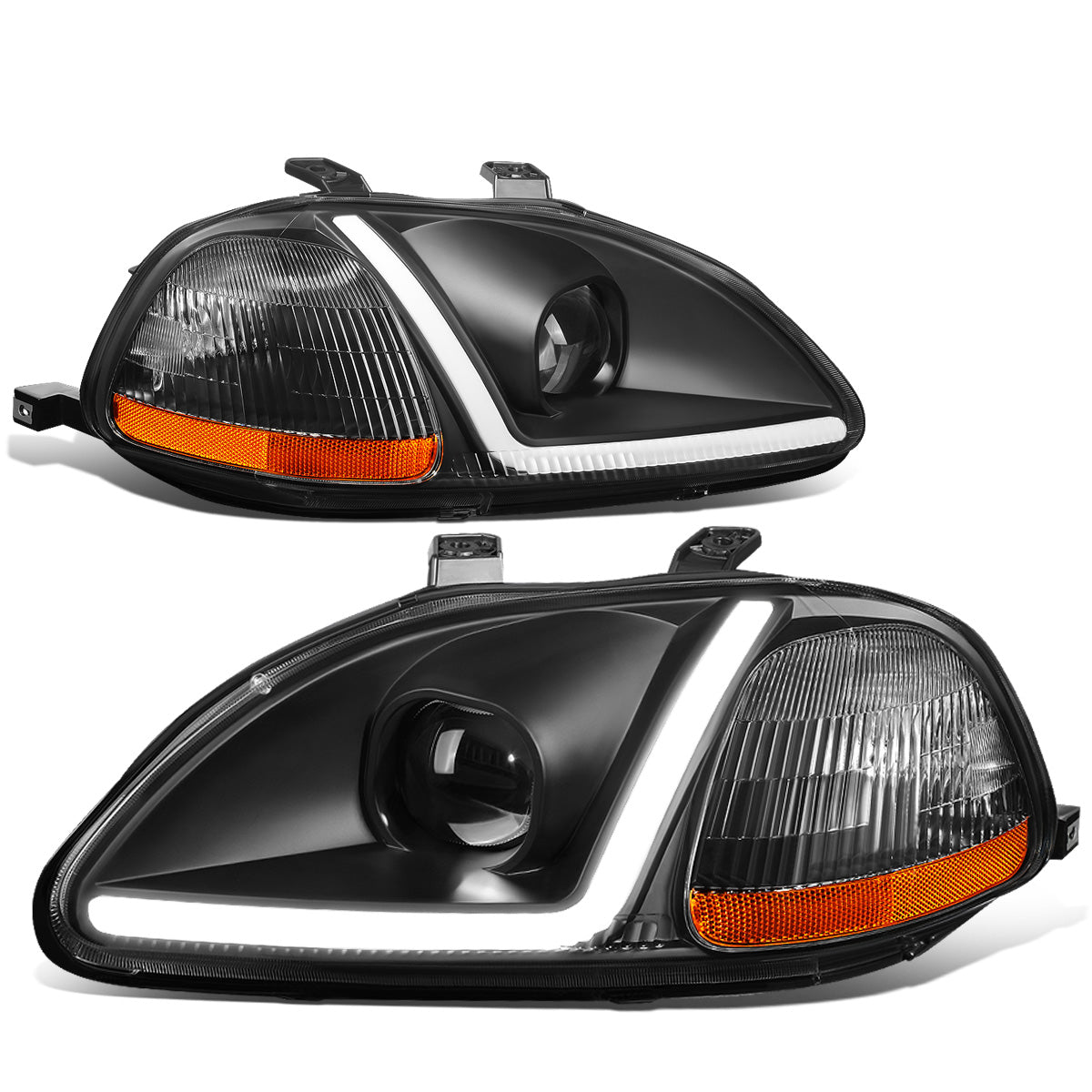 FAROS 96-98 HONDA CIVIC - LED RUNNING LIGHT REQUIRES WIRING INTO EXISTING LIGHTING WIRE HARNESS - LED DRL - PROJECTOR - BLACK HOUSING / AMBER CORNER - H7 LOW BEAM / H7 HIGH BEAM