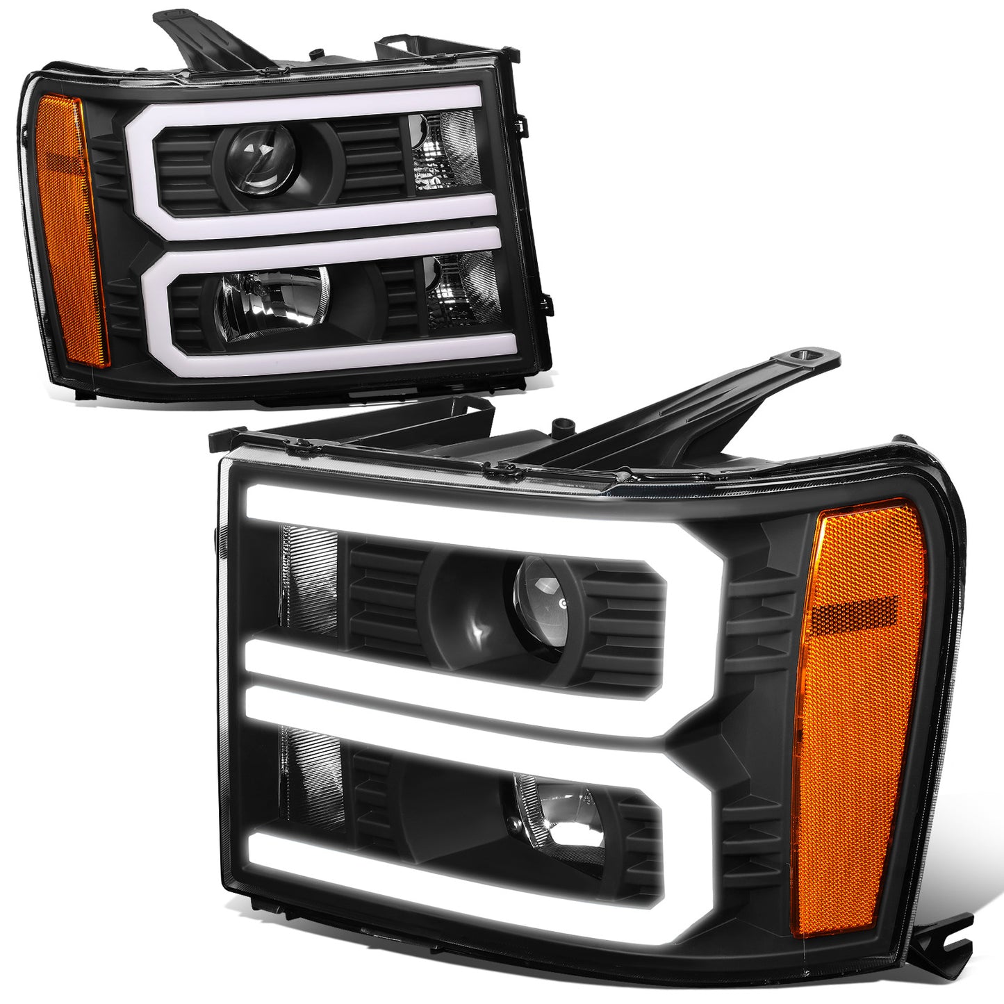 FAROS 07-13 GMC SIERRA 1500 / 07-14 GMC SIERRA 2500, 3500 - DOES NOT FIT 2007 CLASSIC STYLES - LIGHT BAR REQUIRES WIRING INTO EXISTING HARNESS - DUAL U-BAR LED DRL - BLACK HOUSING / AMBER CORNER