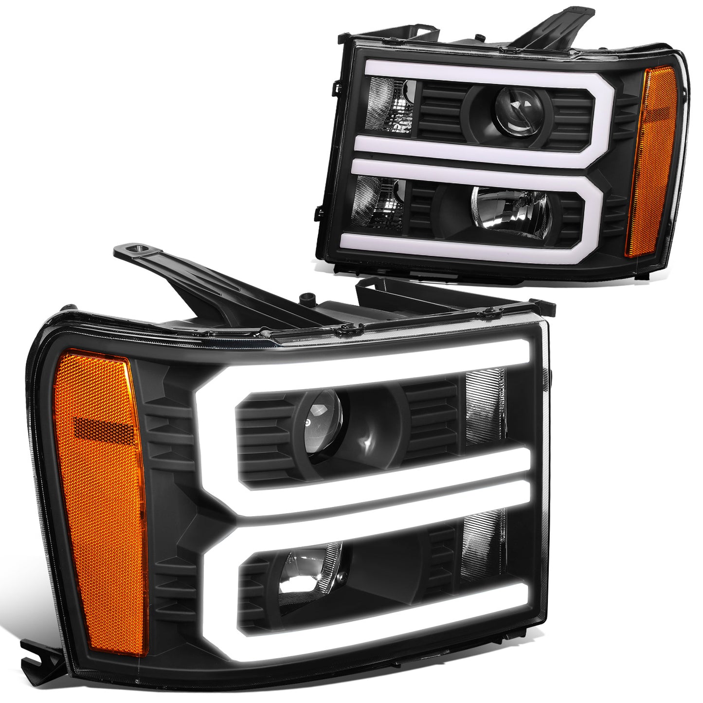 FAROS 07-13 GMC SIERRA 1500 / 07-14 GMC SIERRA 2500, 3500 - DOES NOT FIT 2007 CLASSIC STYLES - LIGHT BAR REQUIRES WIRING INTO EXISTING HARNESS - DUAL U-BAR LED DRL - BLACK HOUSING / AMBER CORNER