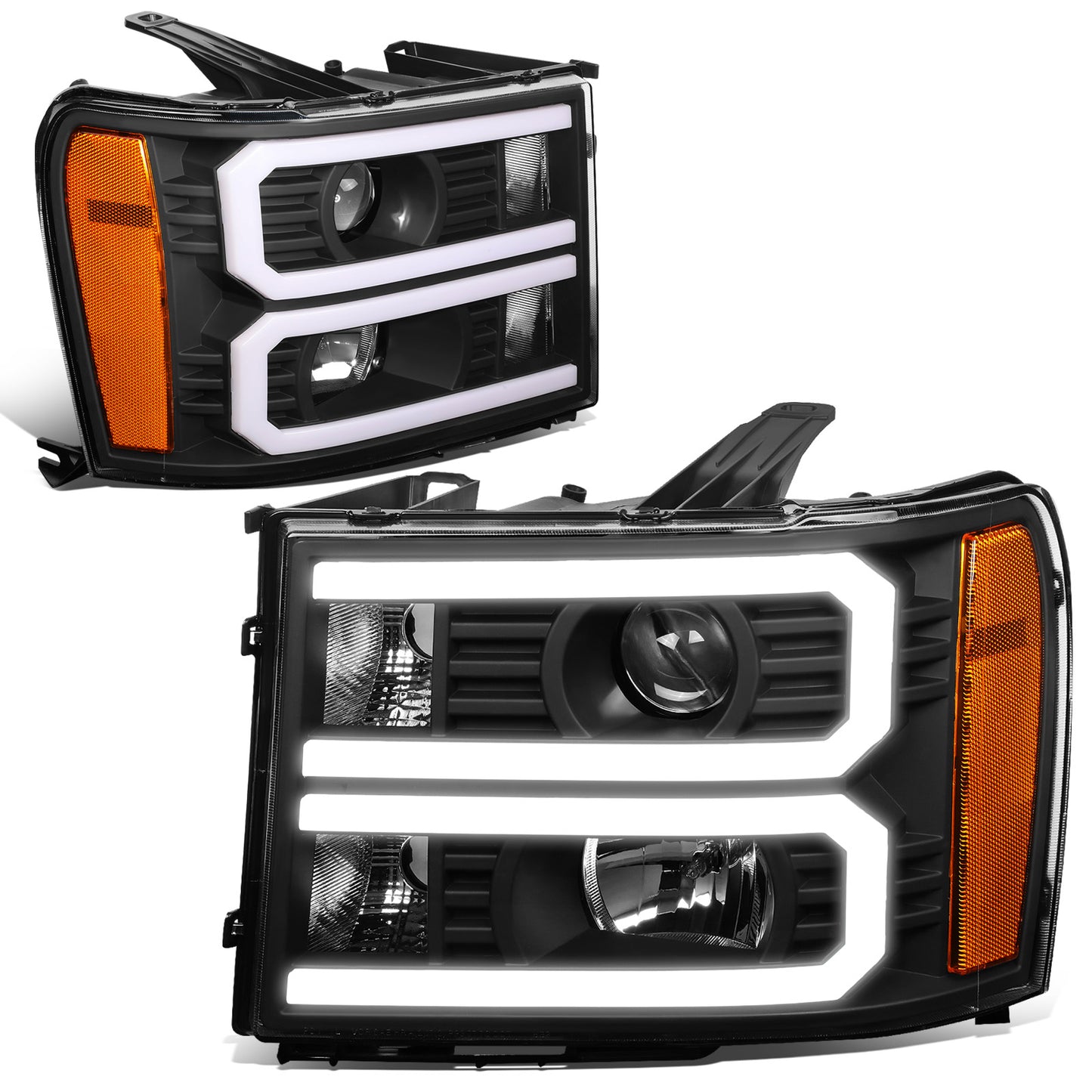 FAROS 07-13 GMC SIERRA 1500 / 07-14 GMC SIERRA 2500, 3500 - DOES NOT FIT 2007 CLASSIC STYLES - LIGHT BAR REQUIRES WIRING INTO EXISTING HARNESS - DUAL U-BAR LED DRL - BLACK HOUSING / AMBER CORNER