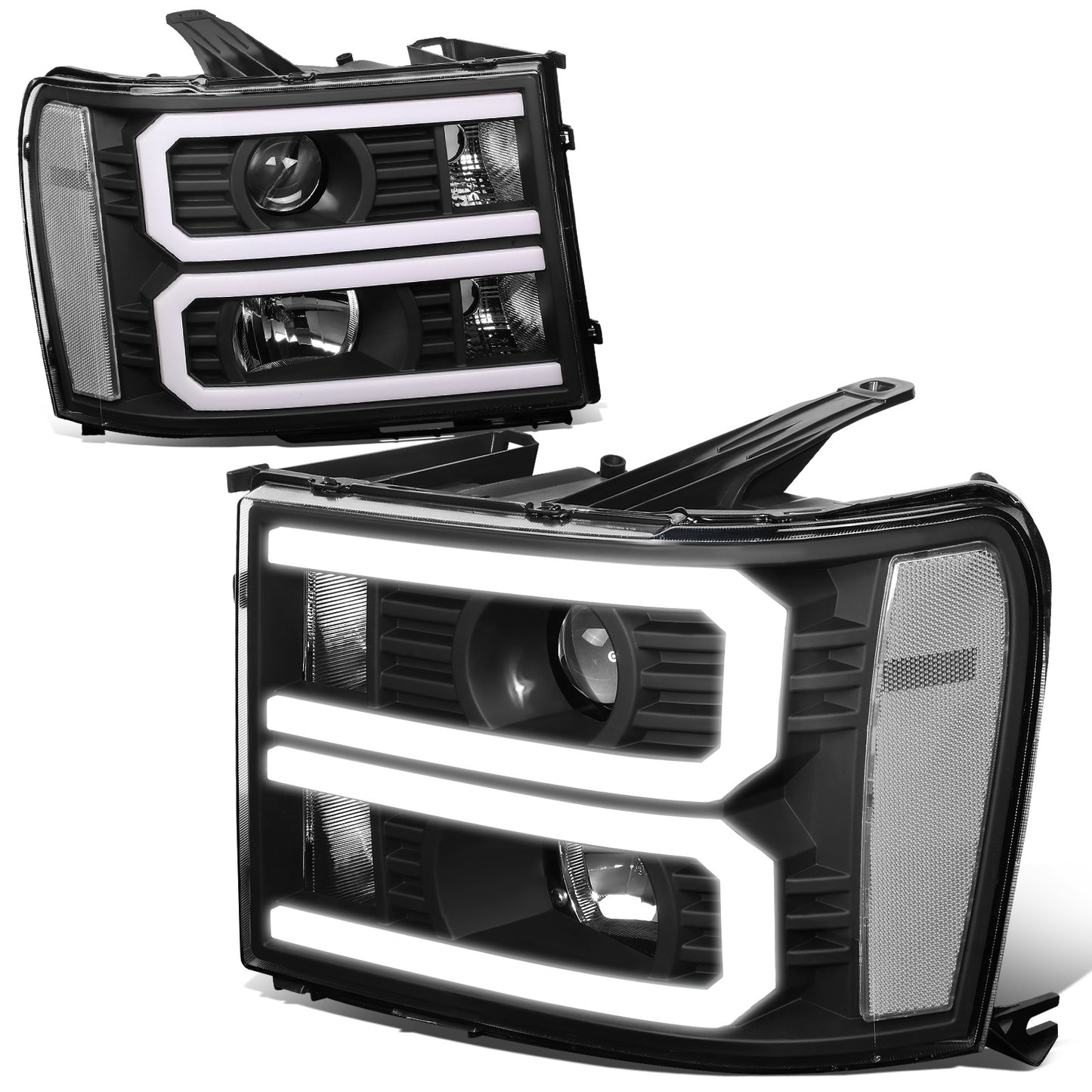 FAROS 07-13 GMC SIERRA 1500 / 07-14 GMC SIERRA 2500, 3500 - DOES NOT FIT 2007 CLASSIC STYLES - LIGHT BAR REQUIRES WIRING INTO EXISTING HARNESS - DUAL U-BAR LED DRL - BLACK HOUSING / CLEAR CORNER