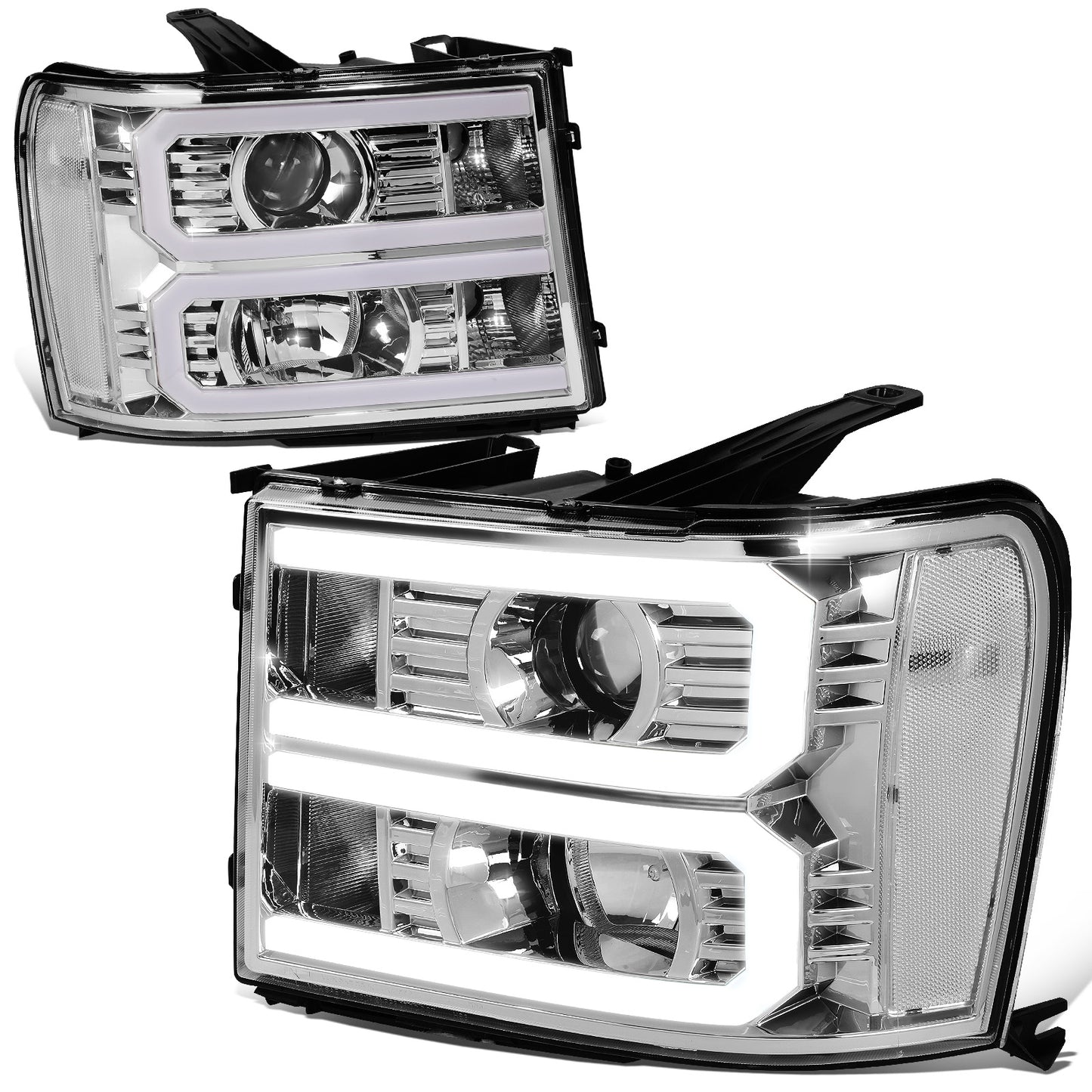 FAROS 07-13 GMC SIERRA 1500 / 07-14 GMC SIERRA 2500, 3500 - DOES NOT FIT 2007 CLASSIC STYLES - LIGHT BAR REQUIRES WIRING INTO EXISTING HARNESS - DUAL U-BAR LED DRL - CHROME HOUSING / CLEAR CORNER