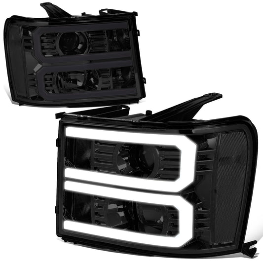 FAROS 07-13 GMC SIERRA 1500 / 07-14 GMC SIERRA 2500, 3500 - DOES NOT FIT 2007 CLASSIC STYLES - LIGHT BAR REQUIRES WIRING INTO EXISTING HARNESS - DUAL U-BAR LED DRL - SMOKE HOUSING / CLEAR CORNER
